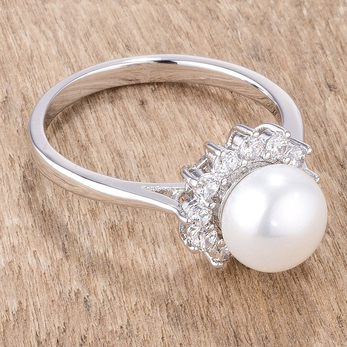 .36Ct Rhodium Plated Freshwater Pearl and CZ Halo Ring - Charming Charlie