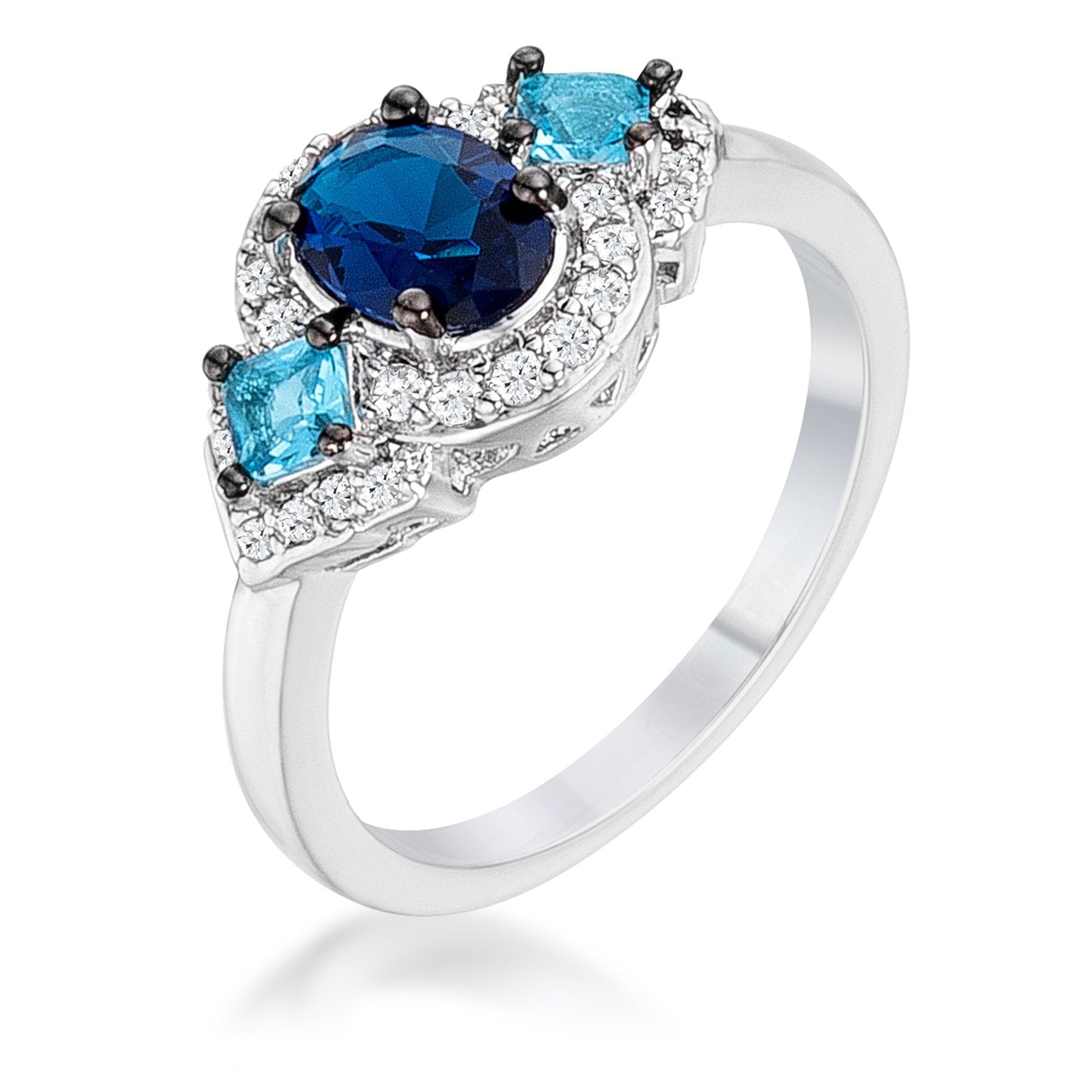 1.3Ct Rhodium and Hematite Plated Shades of Blue CZ Three Stone Engagement Ring - Charming Charlie