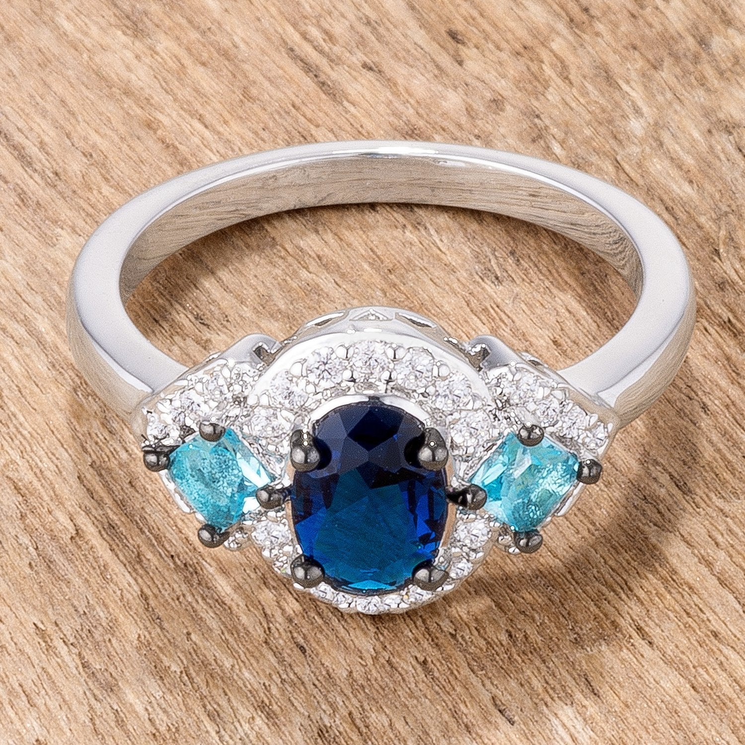 1.3Ct Rhodium and Hematite Plated Shades of Blue CZ Three Stone Engagement Ring - Charming Charlie