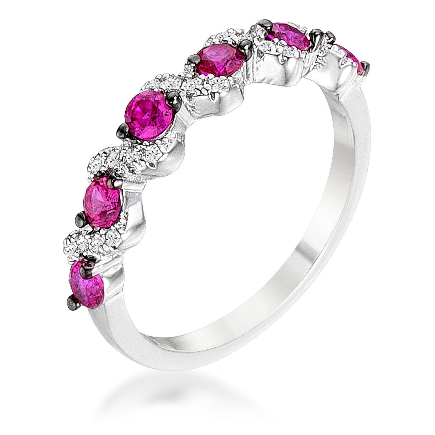 .18Ct Rhodium and Hematite Plated S Shape Fuchsia and Clear CZ Half Eternity Band - Charming Charlie