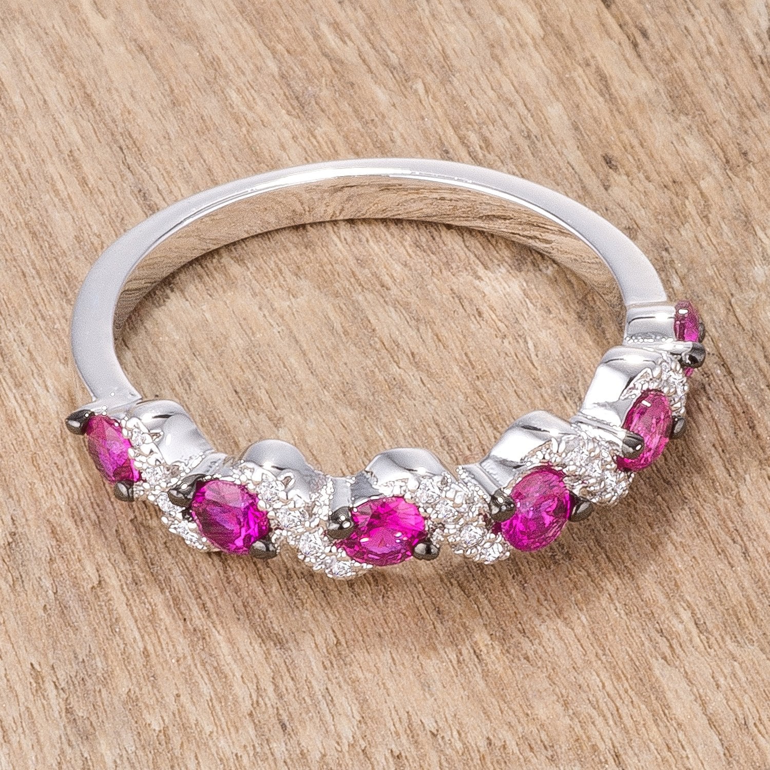 .18Ct Rhodium and Hematite Plated S Shape Fuchsia and Clear CZ Half Eternity Band - Charming Charlie