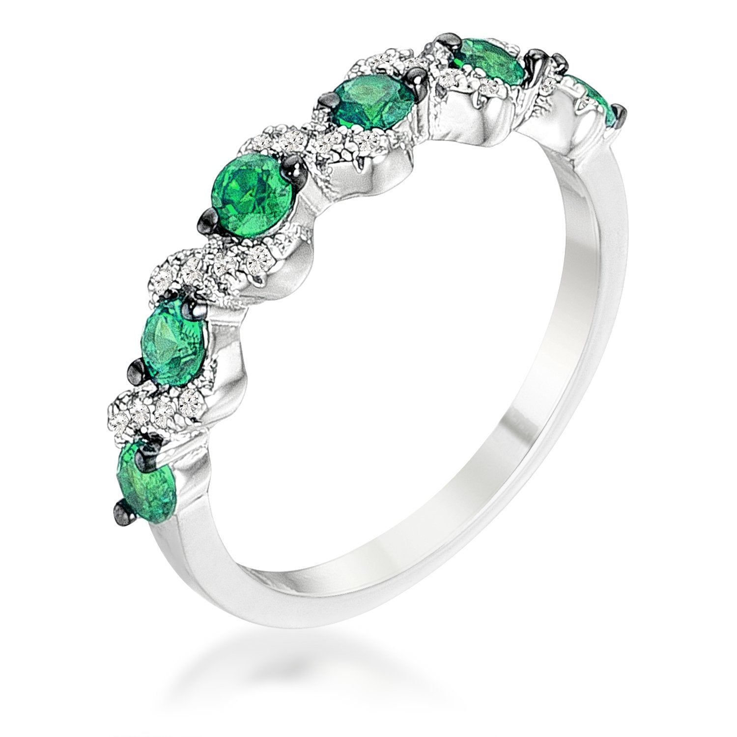 .18Ct Rhodium and Hematite Plated S Shape Emerald Green and Clear CZ Half Eternity Band - Charming Charlie