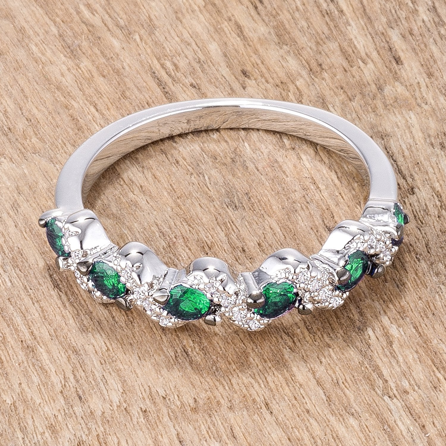 .18Ct Rhodium and Hematite Plated S Shape Emerald Green and Clear CZ Half Eternity Band - Charming Charlie