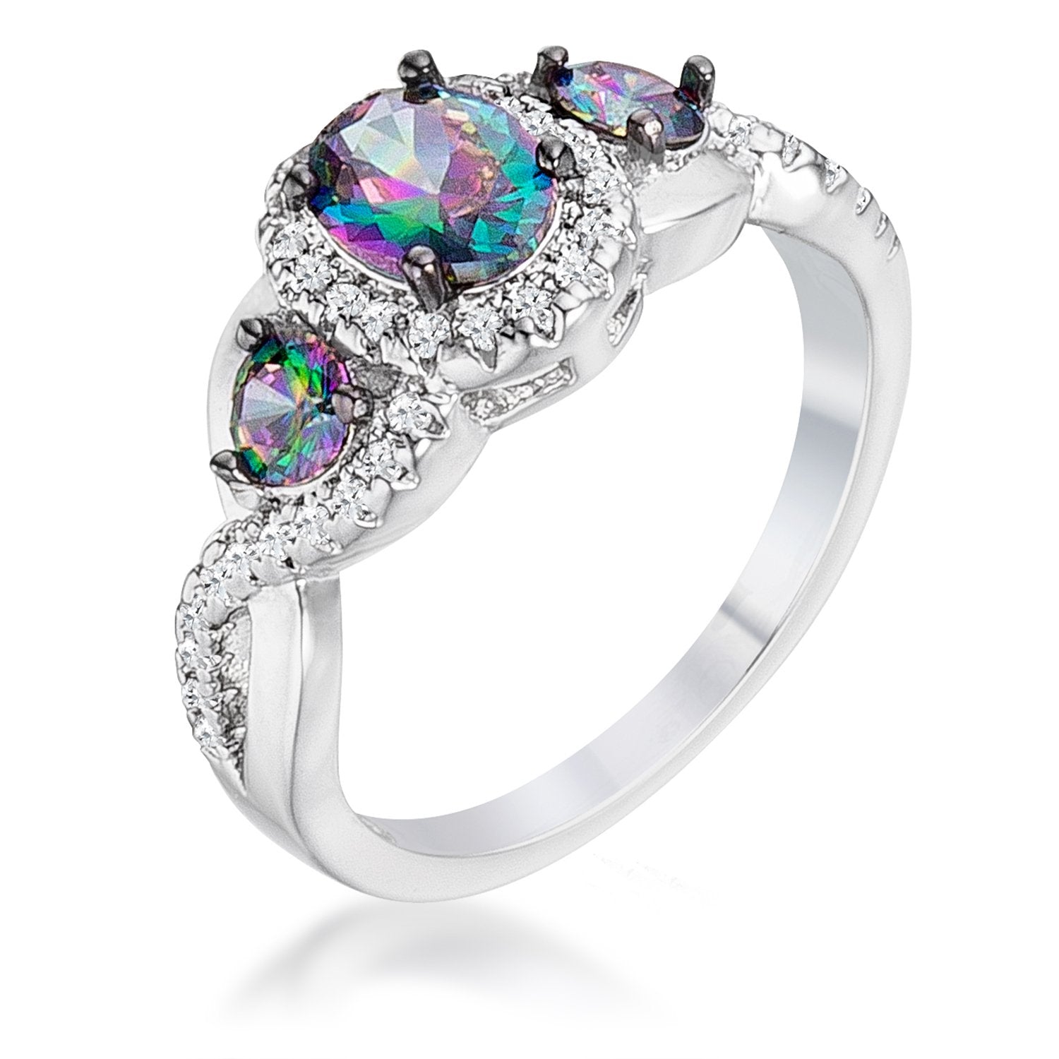 1.43Ct Rhodium & Hematite Plated Mystic & Clear CZ Three Stone Twisted Shank Ring - Charming Charlie