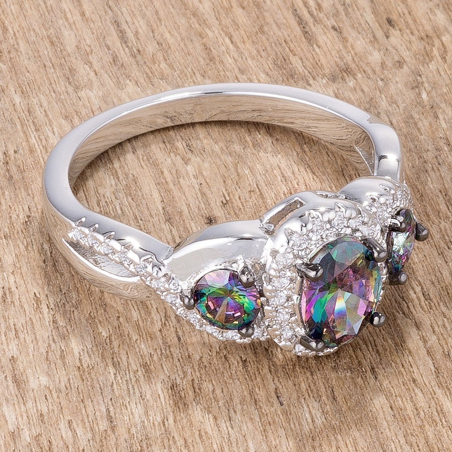 1.43Ct Rhodium & Hematite Plated Mystic & Clear CZ Three Stone Twisted Shank Ring - Charming Charlie