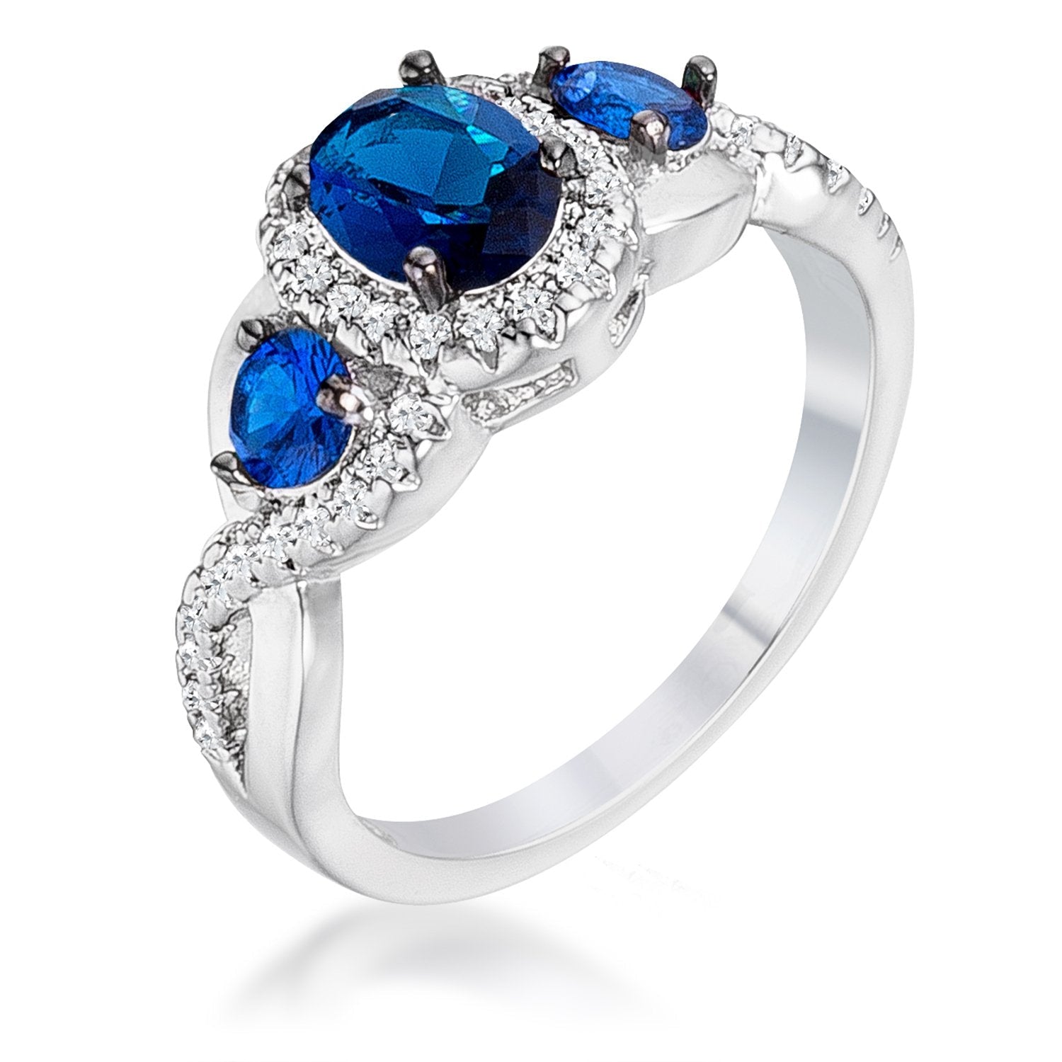 1.43Ct Rhodium & Hematite Plated Sapphire Blue & Clear CZ Three Stone Twisted Ring - Charming Charlie