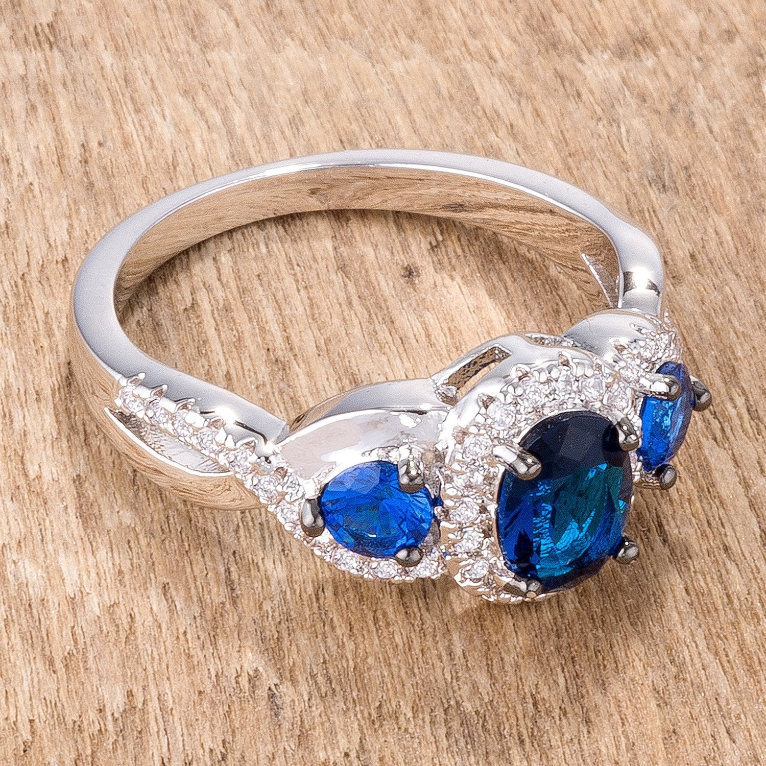 1.43Ct Rhodium & Hematite Plated Sapphire Blue & Clear CZ Three Stone Twisted Ring - Charming Charlie