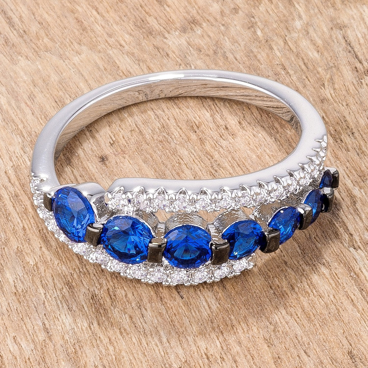 1.06Ct Rhodium & Hematite Plated Graduated Blue & Clear CZ Half Eternity Ring - Charming Charlie