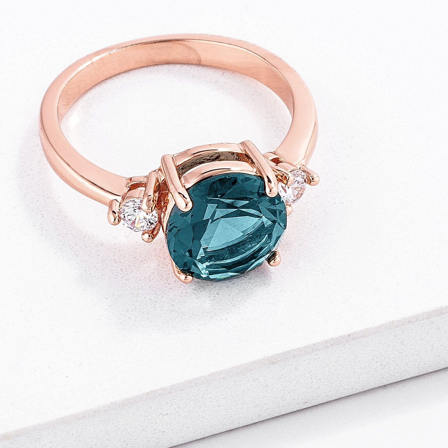 Rose Gold Plated Blue Green Three Stone Engagement Ring - Charming Charlie