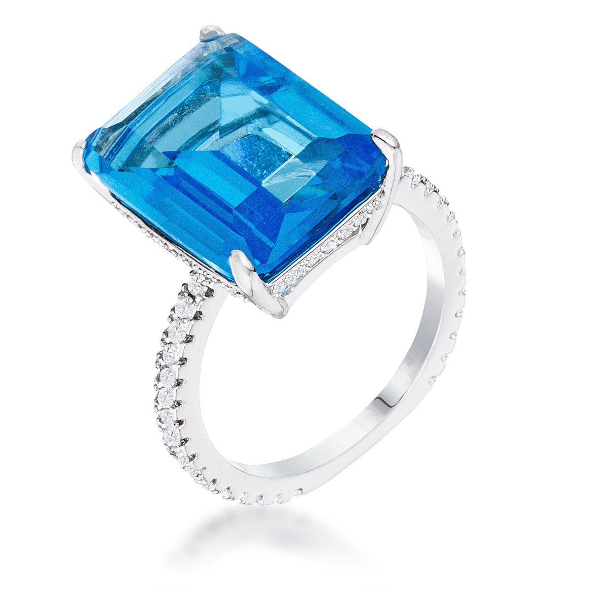 15Ct Rhodium Plated Aqua Blue Emerald Cut Pave Ring - Charming Charlie