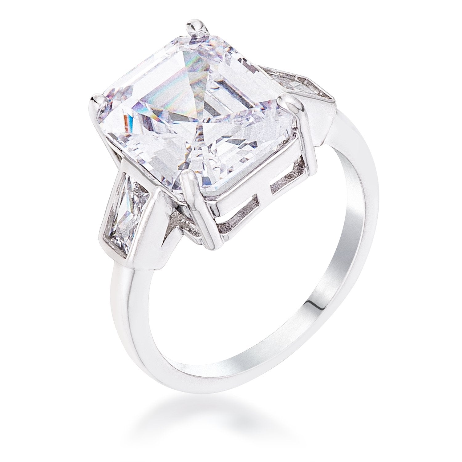 9.71 Ct Rhodium Triple Stone Emerald Cut CZ Ring - Charming Charlie