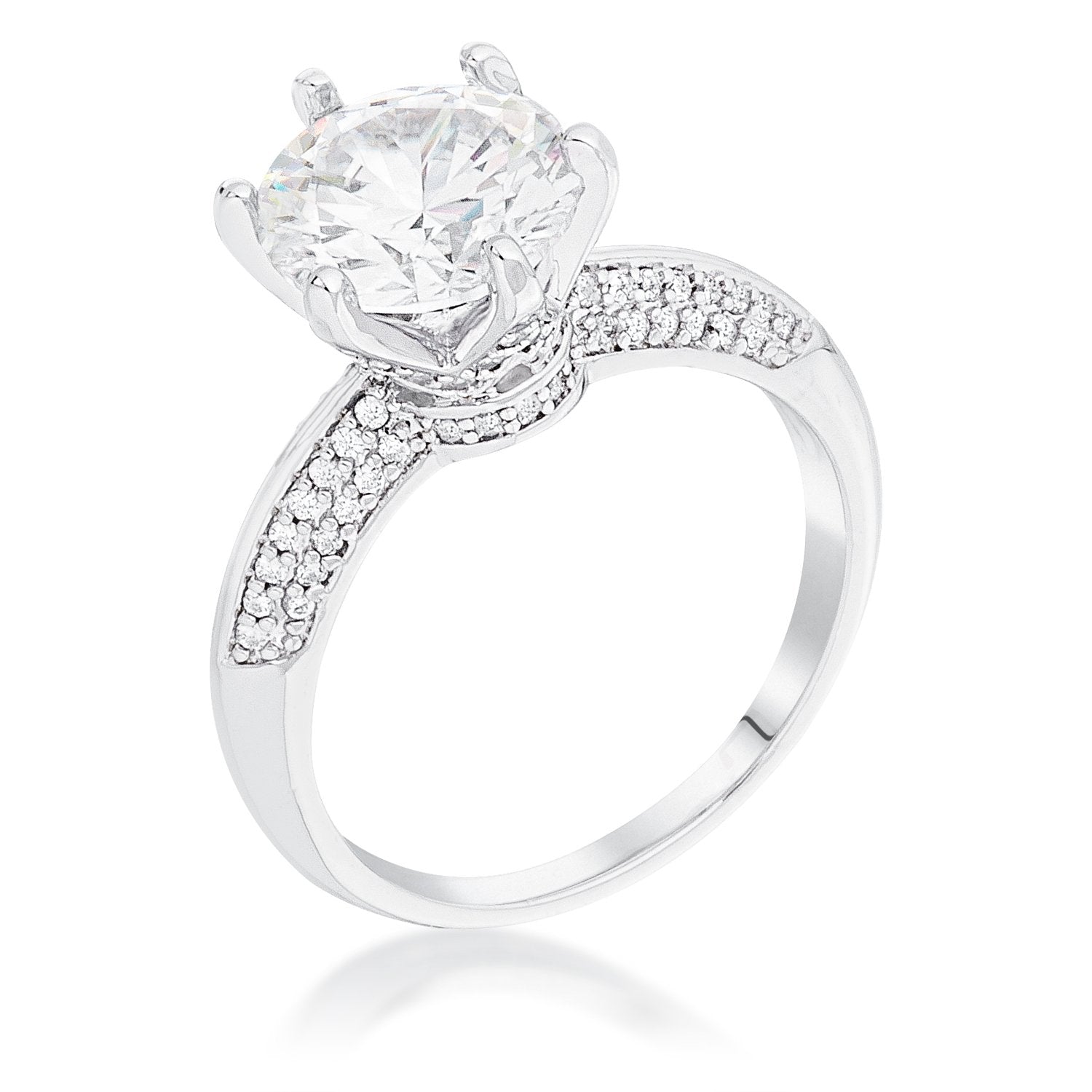 Rhodium Plated Clear CZ Round Solitaire Quad Micropave Ring - Charming Charlie