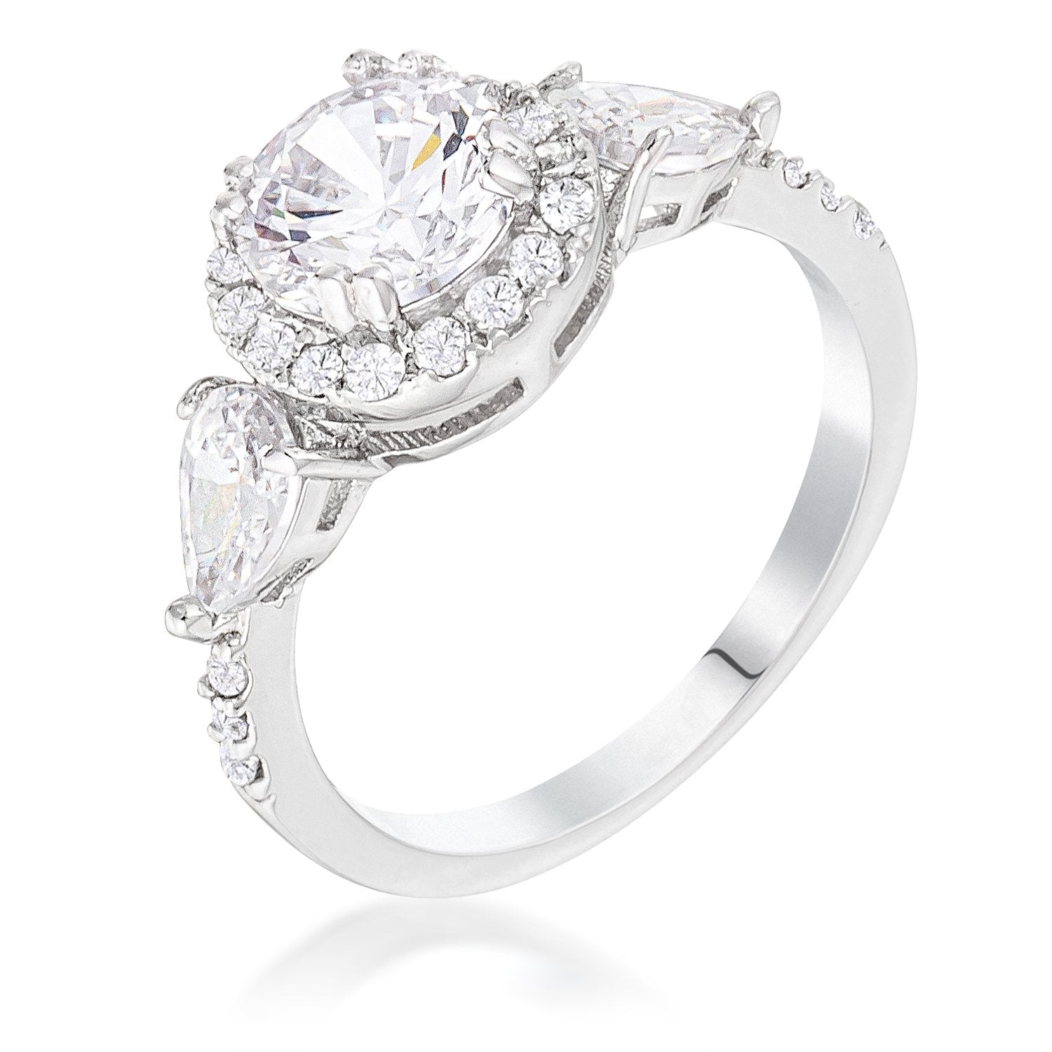 Rhodium Plated 3-Stone Clear CZ Round Halo Pear Engagement Ring - Charming Charlie
