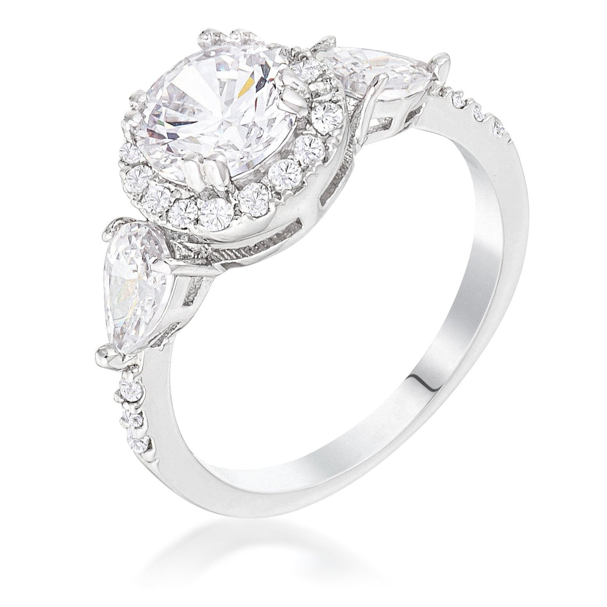 Rhodium Plated 3-Stone Clear CZ Round Halo Pear Engagement Ring - Charming Charlie