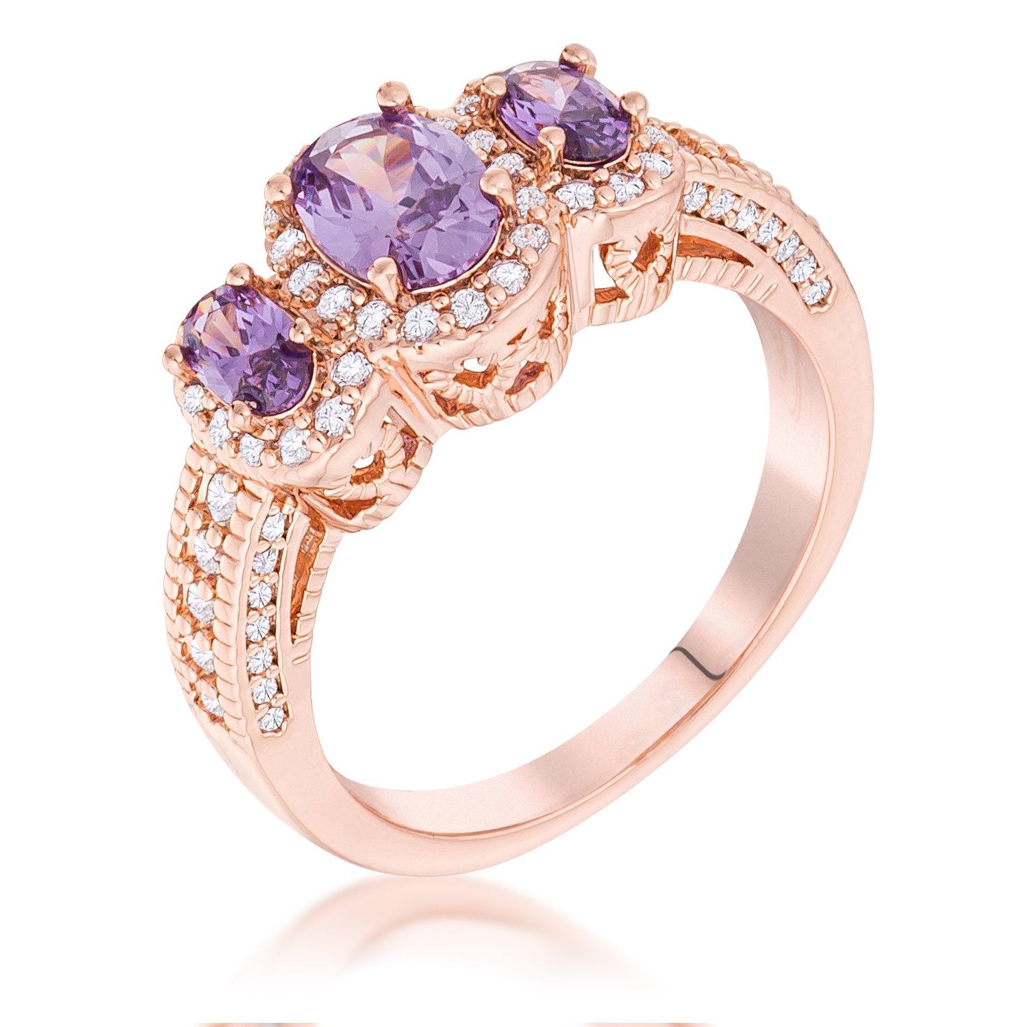 Rose Gold Plated 3-Stone Amethyst Oval Cut CZ Halo Ring - Charming Charlie