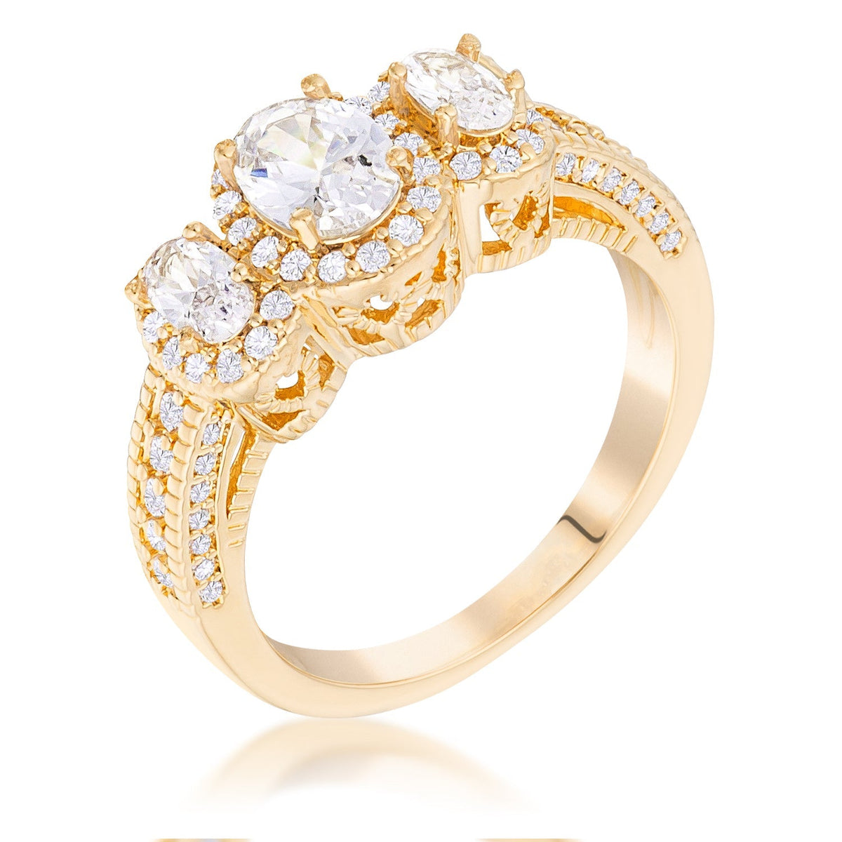 Gold Plated 3-Stone Clear Oval Cut CZ Halo Ring - Charming Charlie