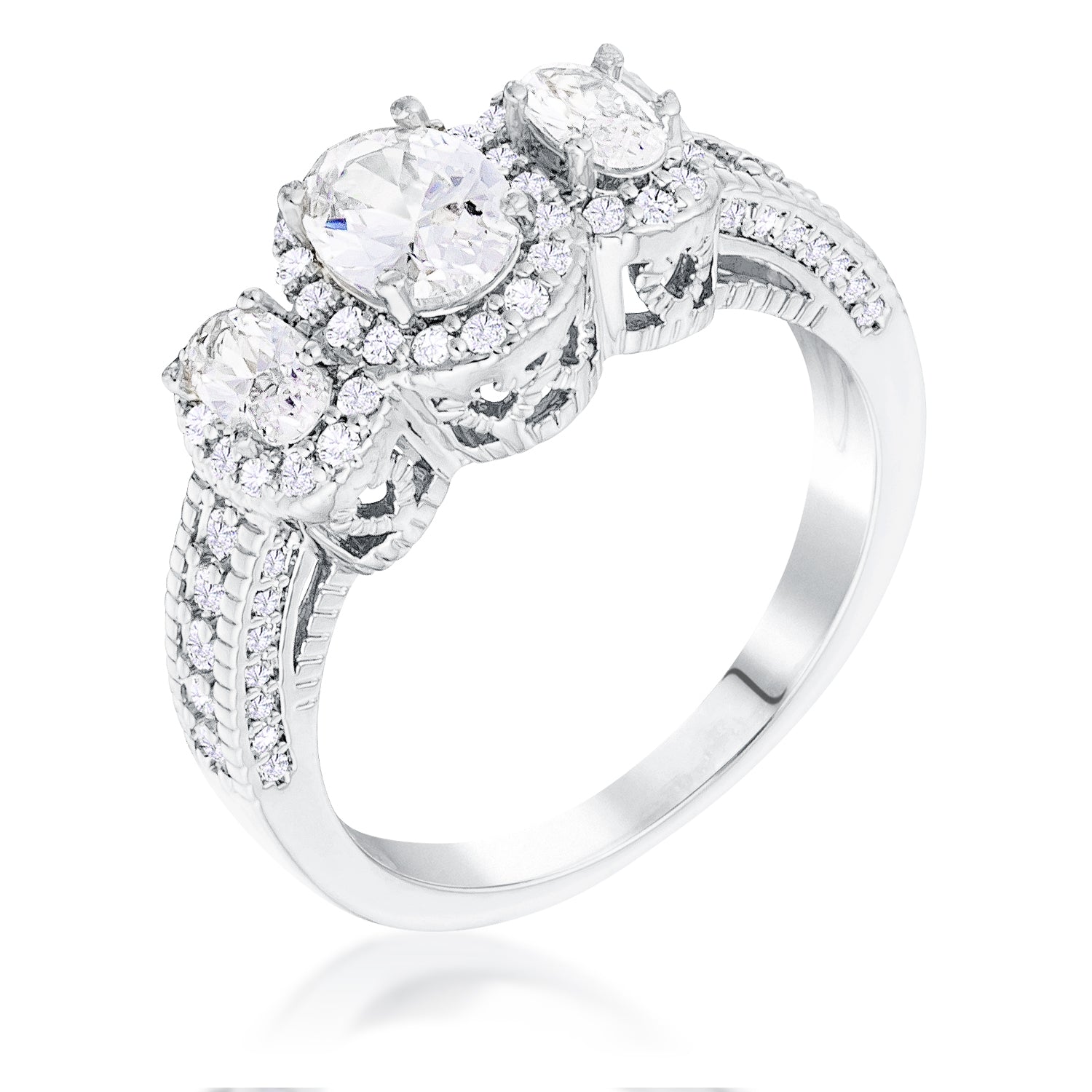 Rhodium Plated 3-Stone Clear Oval Cut CZ Halo Ring - Charming Charlie