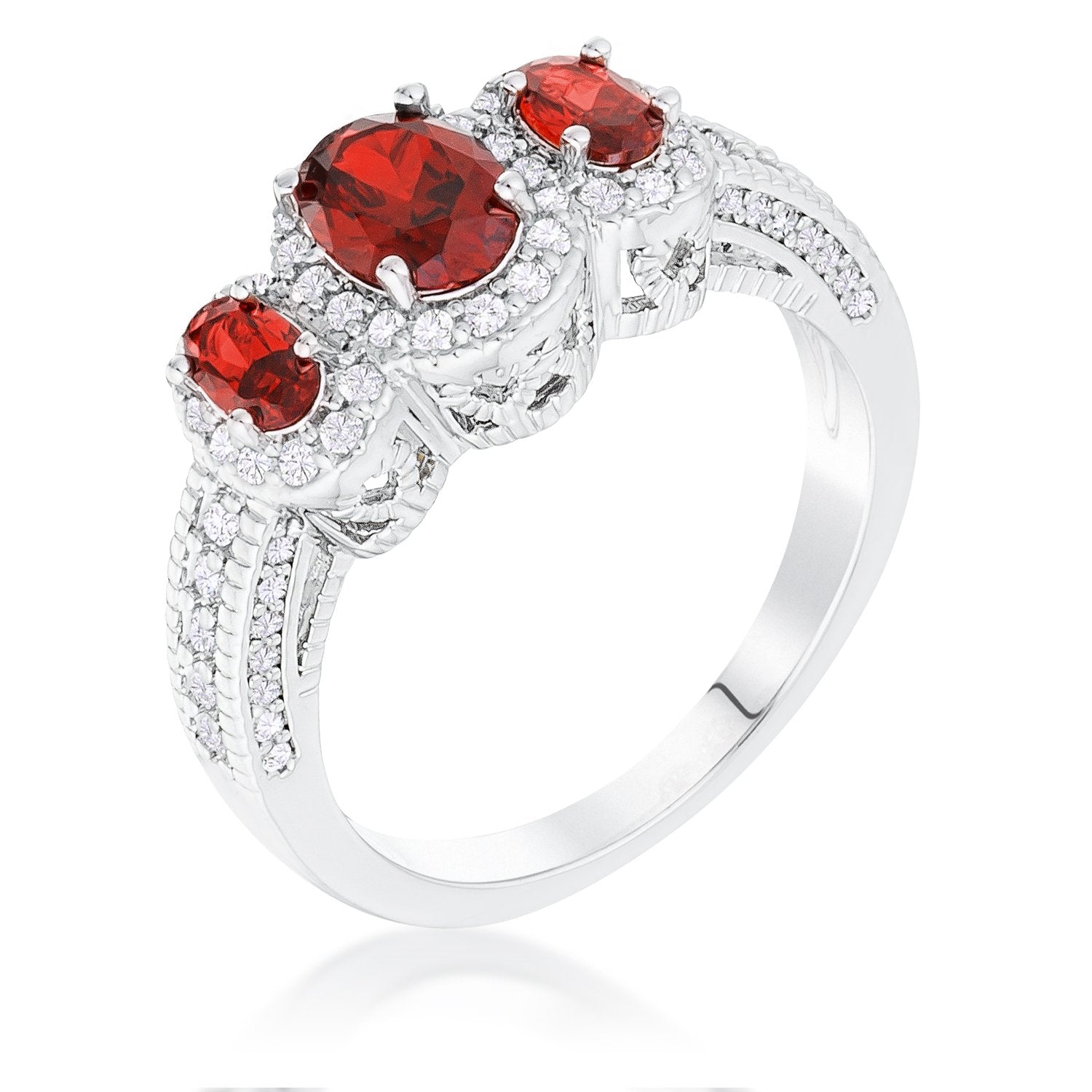 Rhodium Plated 3-Stone Garnet Oval Cut CZ Halo Ring - Charming Charlie