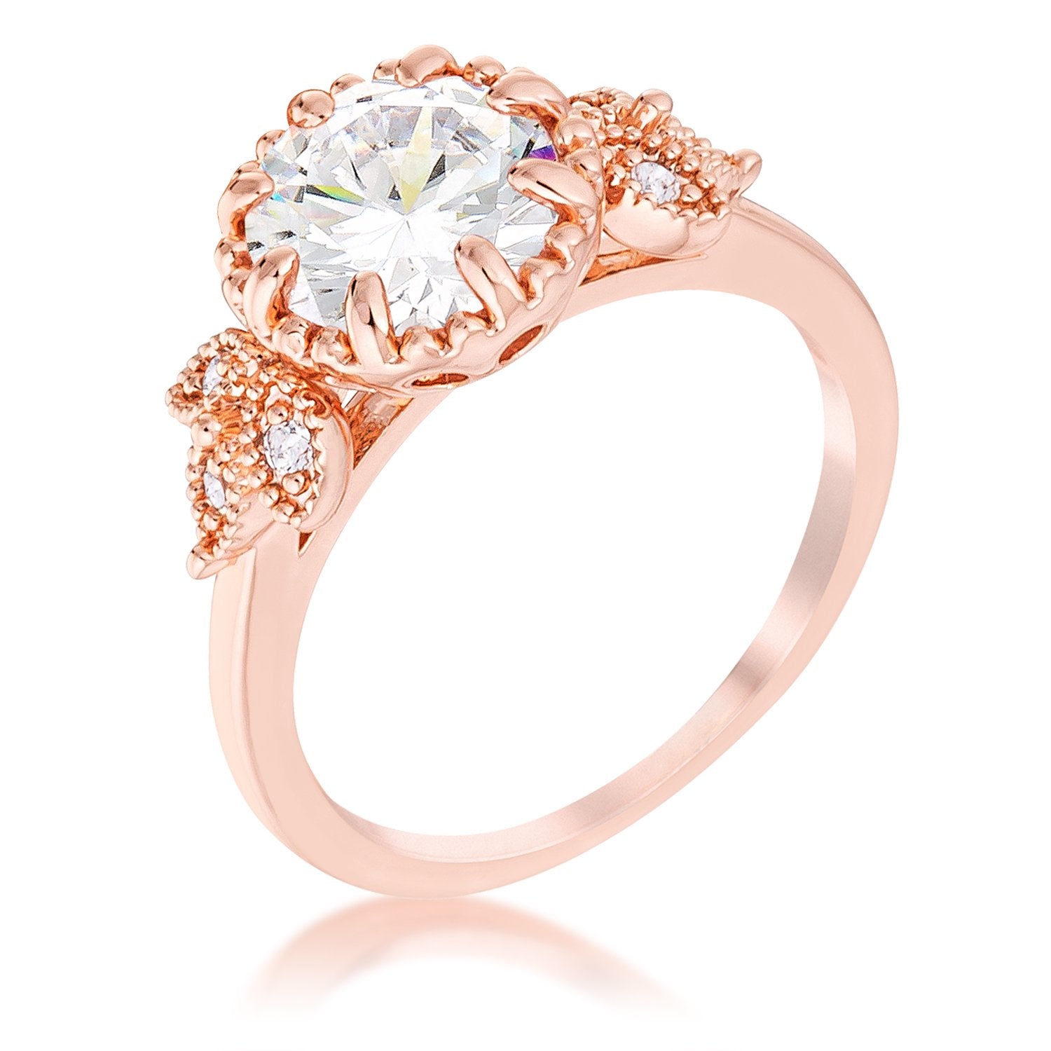 2Ct Rose Gold Plated Round Cut CZ Trio Laurel Leaf Engagement Ring - Charming Charlie