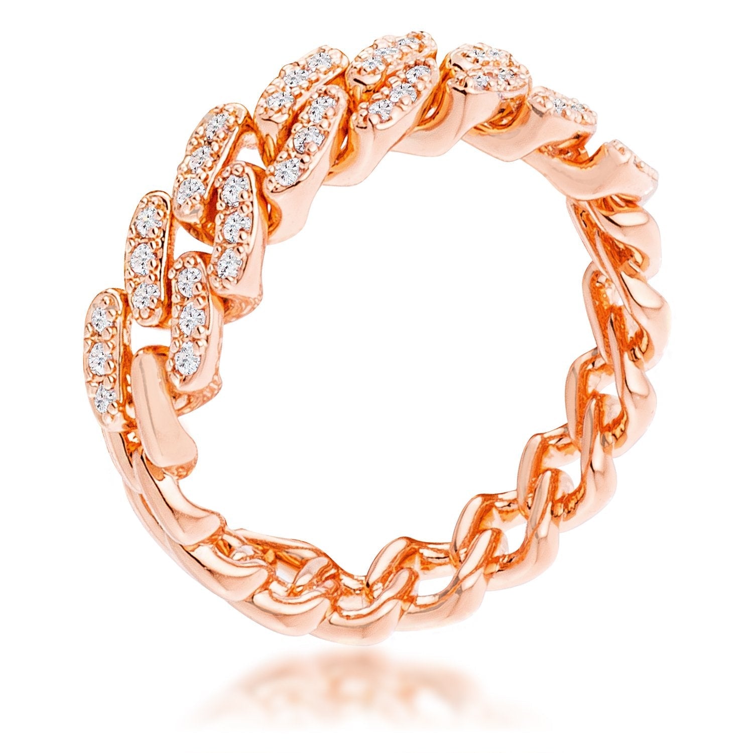 Rose Gold Plated Clear CZ Round Cut Flexible Chain Ring - Charming Charlie