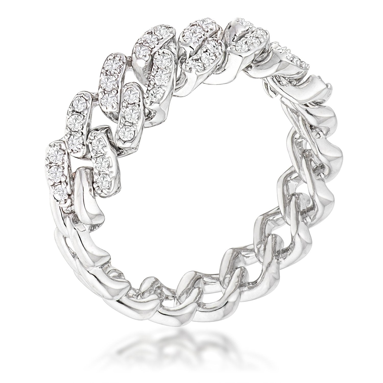 Rhodium Plated Clear CZ Round Cut Flexible Chain Ring - Charming Charlie