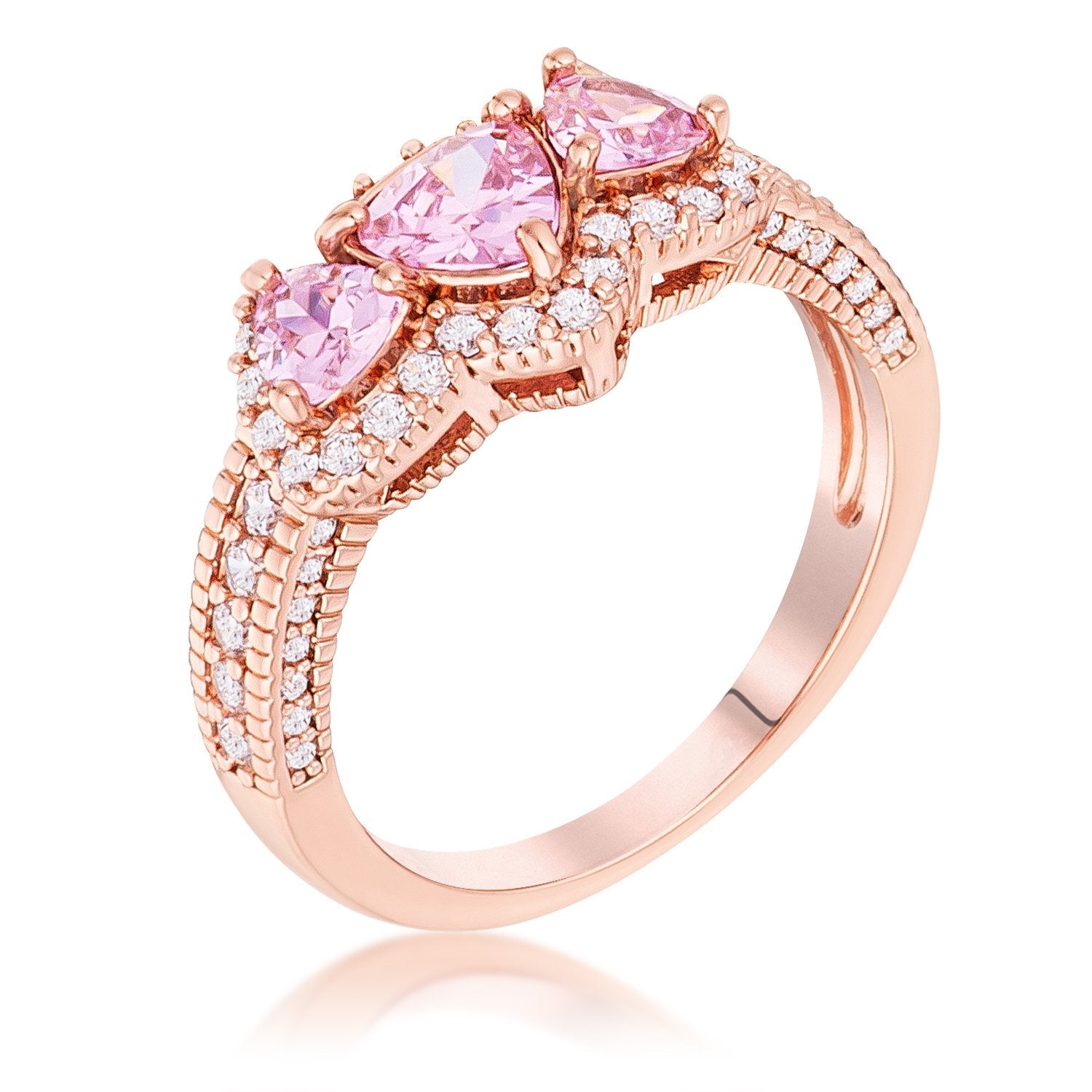 Rose Gold Plated 3-Stone Trillion Cut Pink CZ Halo Pave Ring - Charming Charlie