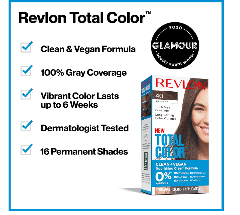 Revlon Permanent Hair Color, Permanent Hair Dye, Total Color with 100% Gray Coverage, Clean & Vegan, 40 Dark Brown, 3.5 Oz - Charming Charlie