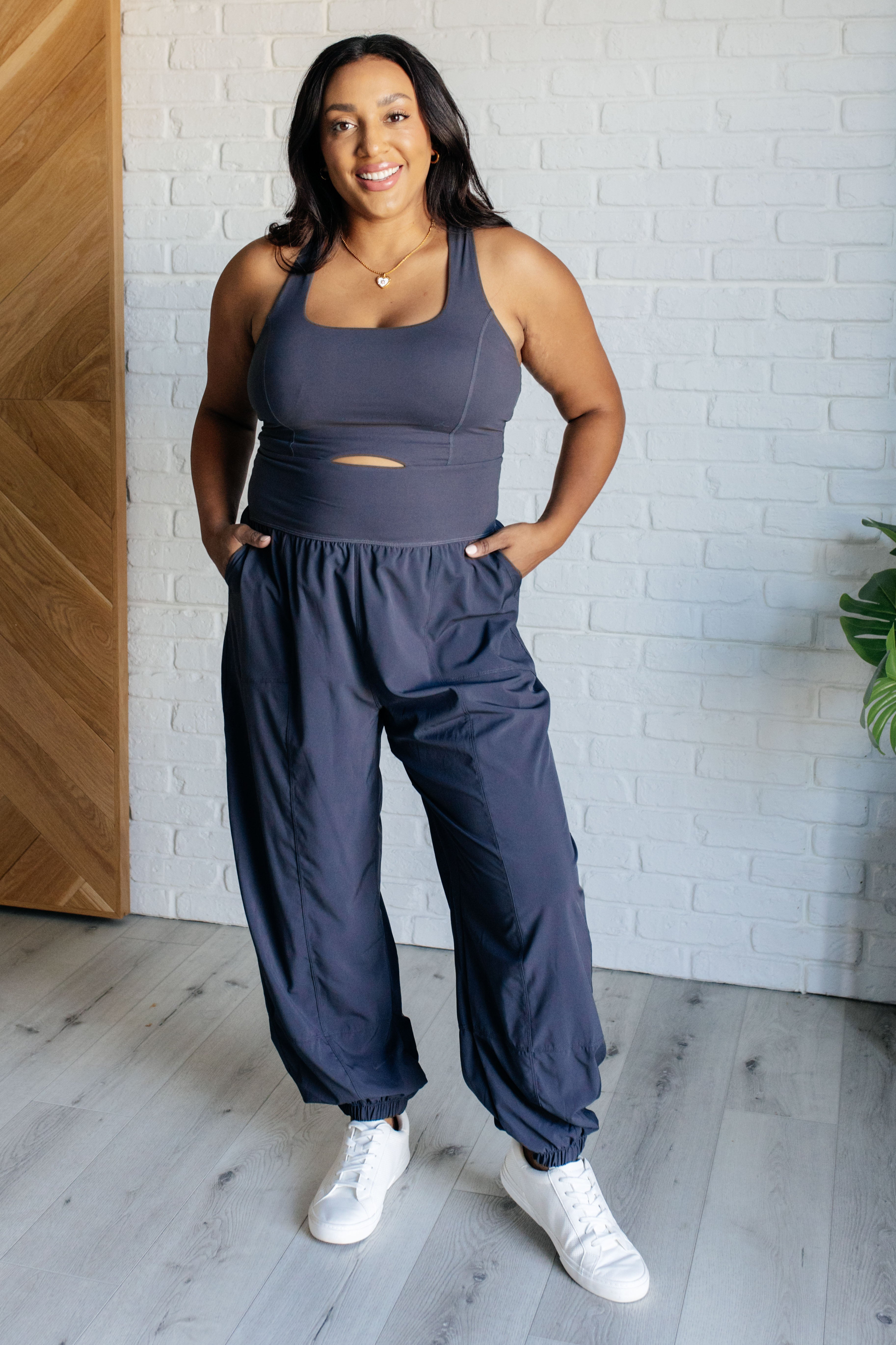Raising Heart Rate Cutout Jumpsuit in Charcoal - Charming Charlie
