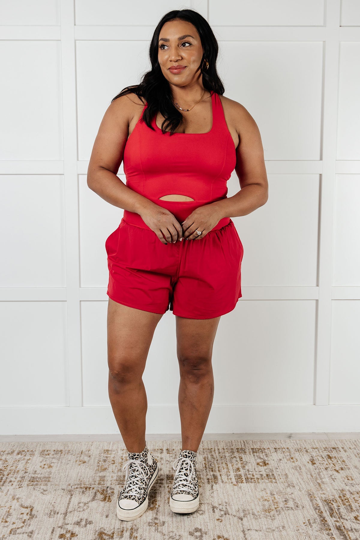 Raising Heart Rate Cutout Runsie In True Red - Charming Charlie