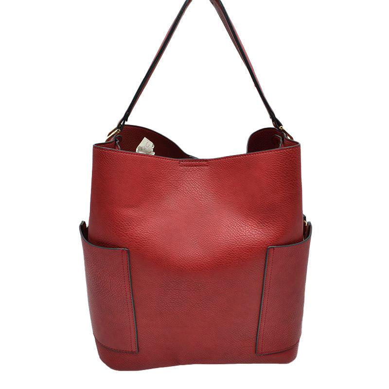 Red 2in1 Chic Satchel Side Pocket With Long Strap Bucket Bag, This casual crossbody bucket bag is super soft Vegan leather and has convenient side pockets to carry water bottles, phones, or glasses and a removable zipper pouch. Gold hardware. Extra bag inside and strap to make it a crossbody. Perfect for carrying around your stuff, this bag is big enough for all your daily essentials.