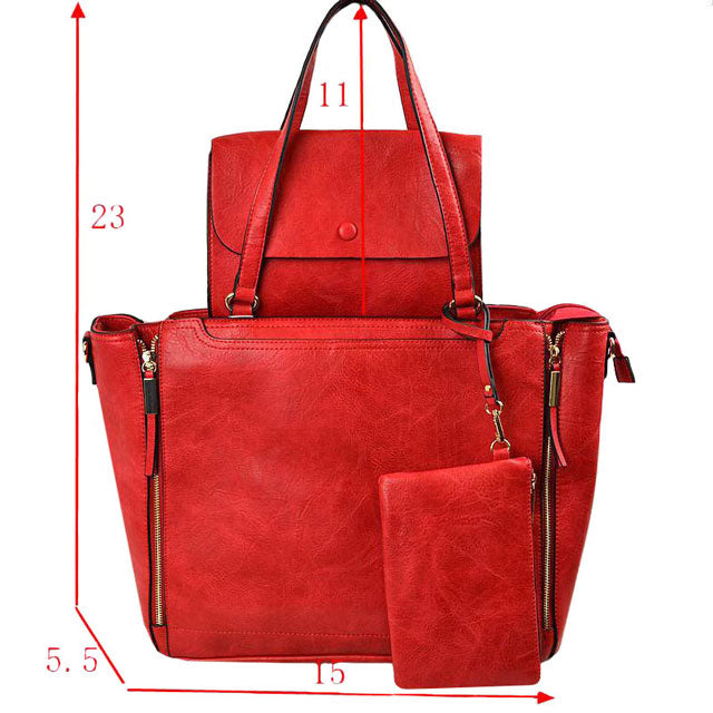 Red 3 in 1 Side Zipper Women's Handbag set. Ideal for parties, events, holidays, pair these handbags with any ensemble for a polished look. Versatile enough for using straight through the week, perfect for carrying around all-day. Great Birthday Gift, Anniversary Gift, Mother's Day Gift, Graduation Gift, Valentine's Day Gift. Wear as a crossbody, shoulder bag, or hand carry for your favorite look.