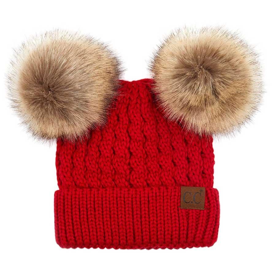 Red C.C Double Pom Pom All Over Cable Knit Beanie Hat., Stay warm and cozy this winter. Expertly crafted from a premium cable knit fabric, this stylish beanie provides maximum insulation and breathability. Two pom poms on top add a touch of flair to your look. Perfect for chilly winter days, this is an ideal winter gift.