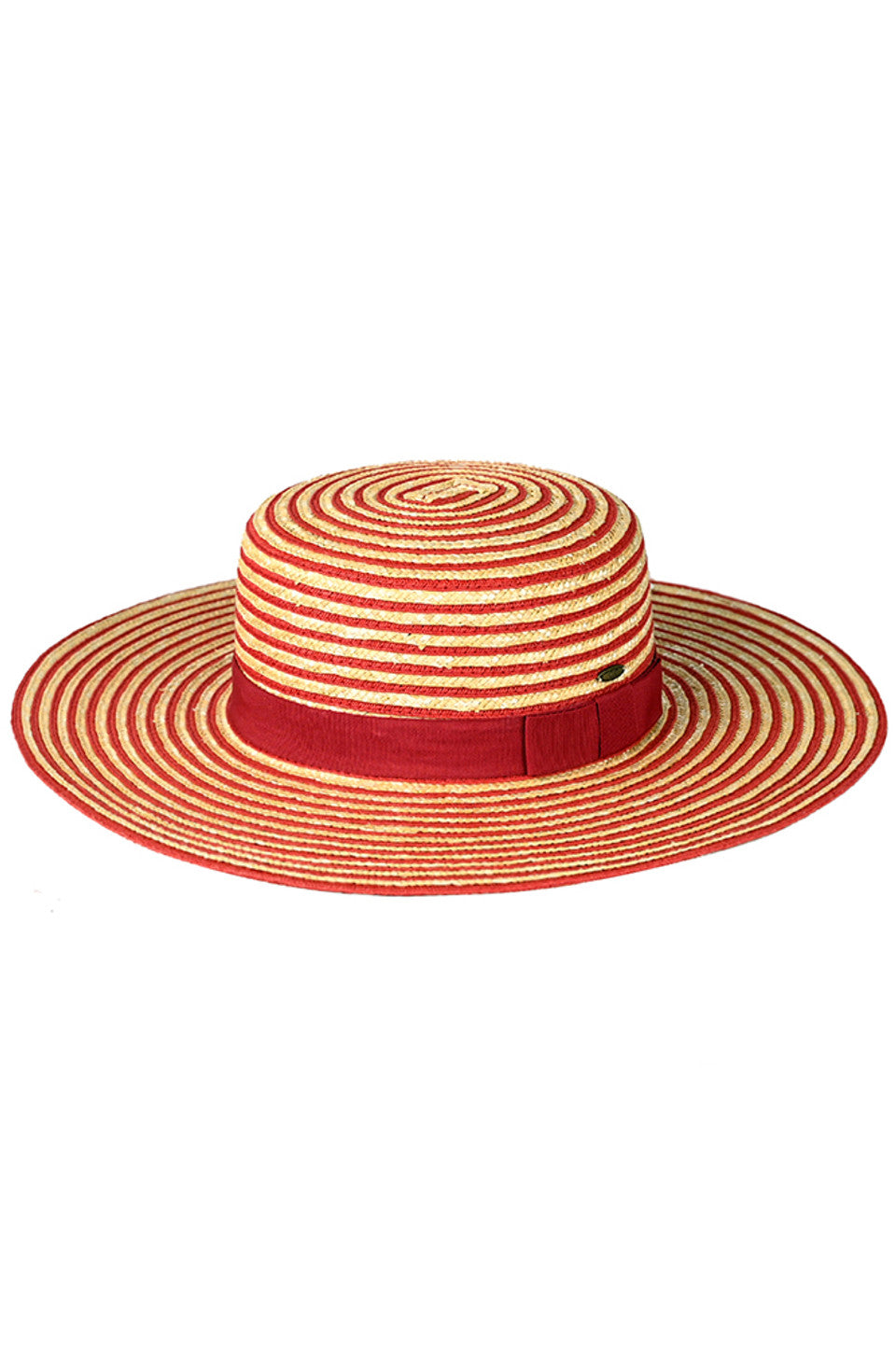 Red C.C Stripe Pattern Boater Sun Hat offers both style and sun protection. Made with a trendy stripe pattern, this hat is perfect for any outdoor occasion. Crafted with high-quality materials, it provides optimal comfort and durability. Keep the sun off your face in style with this must-have accessory.