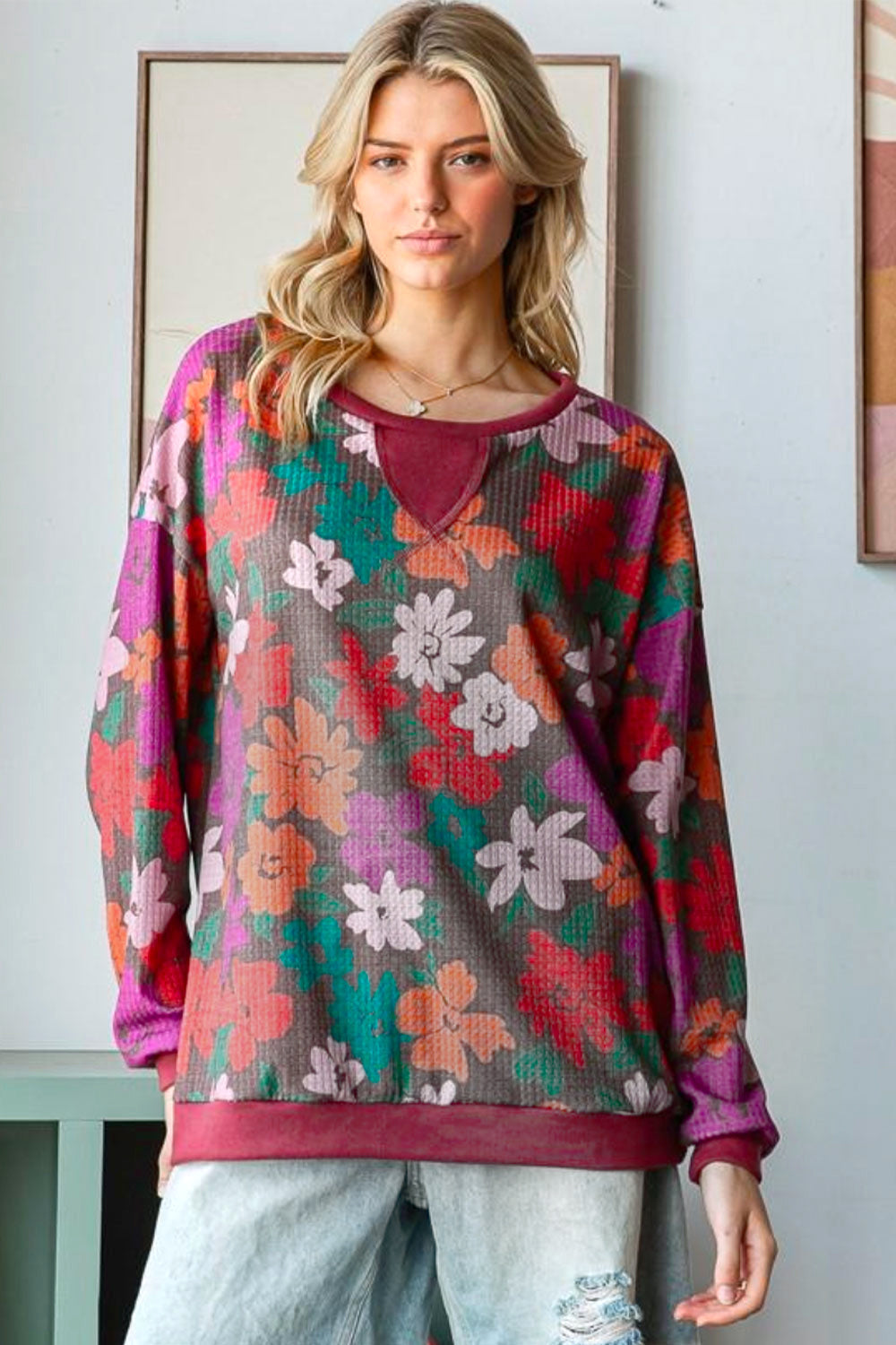 Look Adorable Brown/Multicolor Floral Waffle Terry Reverse Stitch Pullover - Charming Charlie