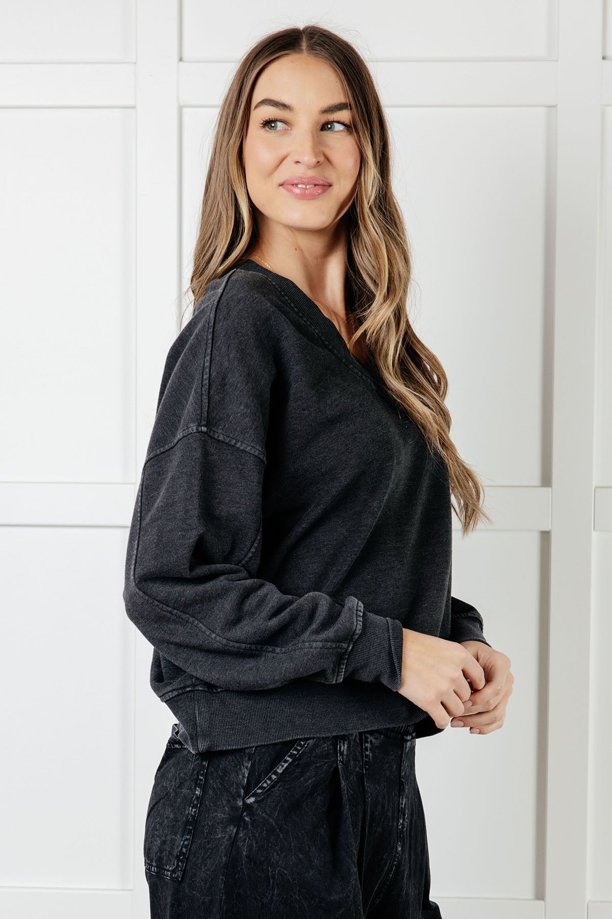 Rep Ready Mineral Wash French Terry Pullover in Black - Charming Charlie
