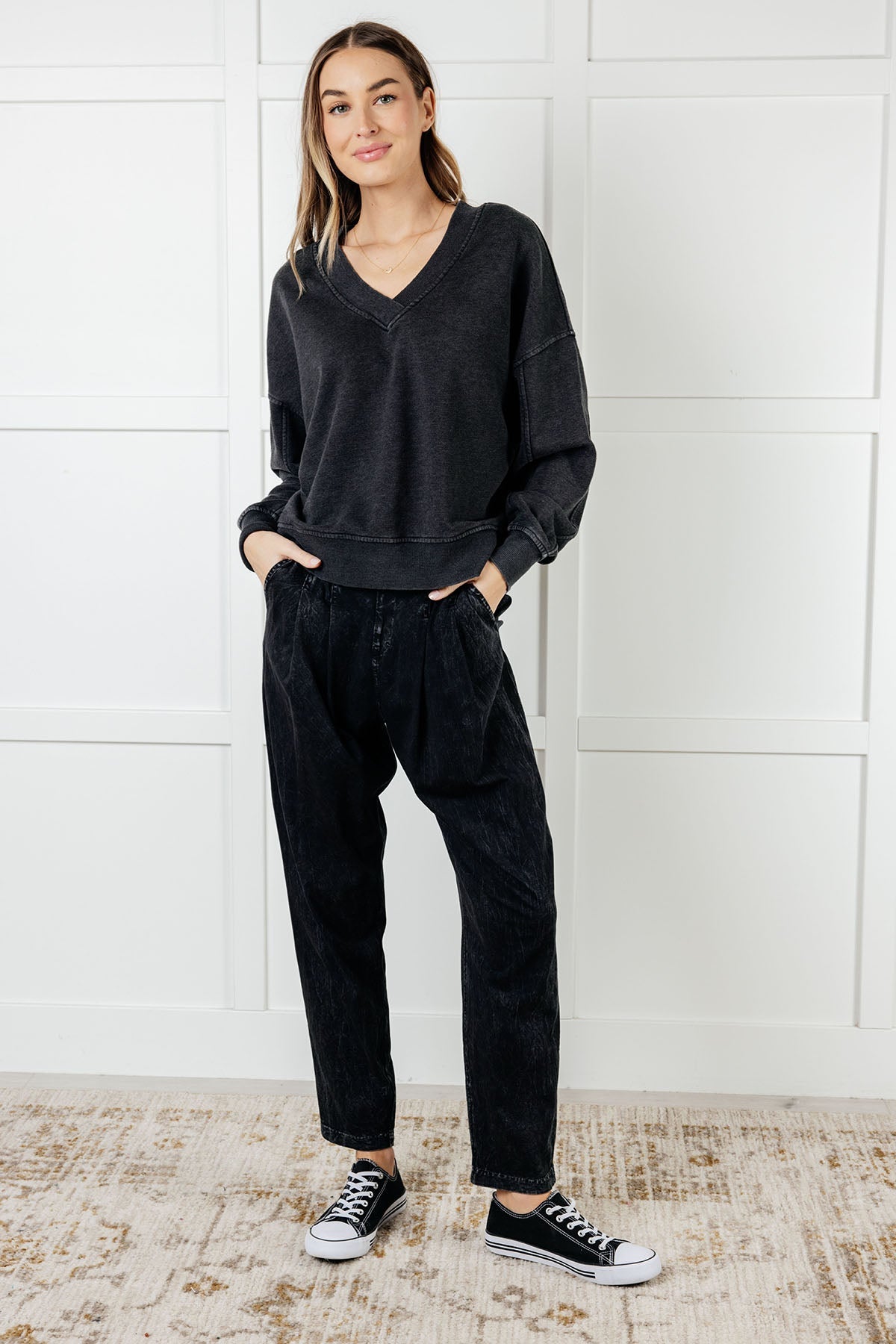 Rep Ready Mineral Wash French Terry Pullover in Black - Charming Charlie