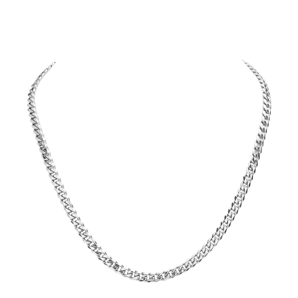Rhodium 6 diamond cut stainless steel chain necklace is a versatile and durable accessory, designed to add a touch of sophistication to any outfit. With its 6.2mm width and 20 inch length, it offers a sleek and stylish look while remaining comfortable to wear. Made from high quality materials, it is built to last and can be worn for any occasion.