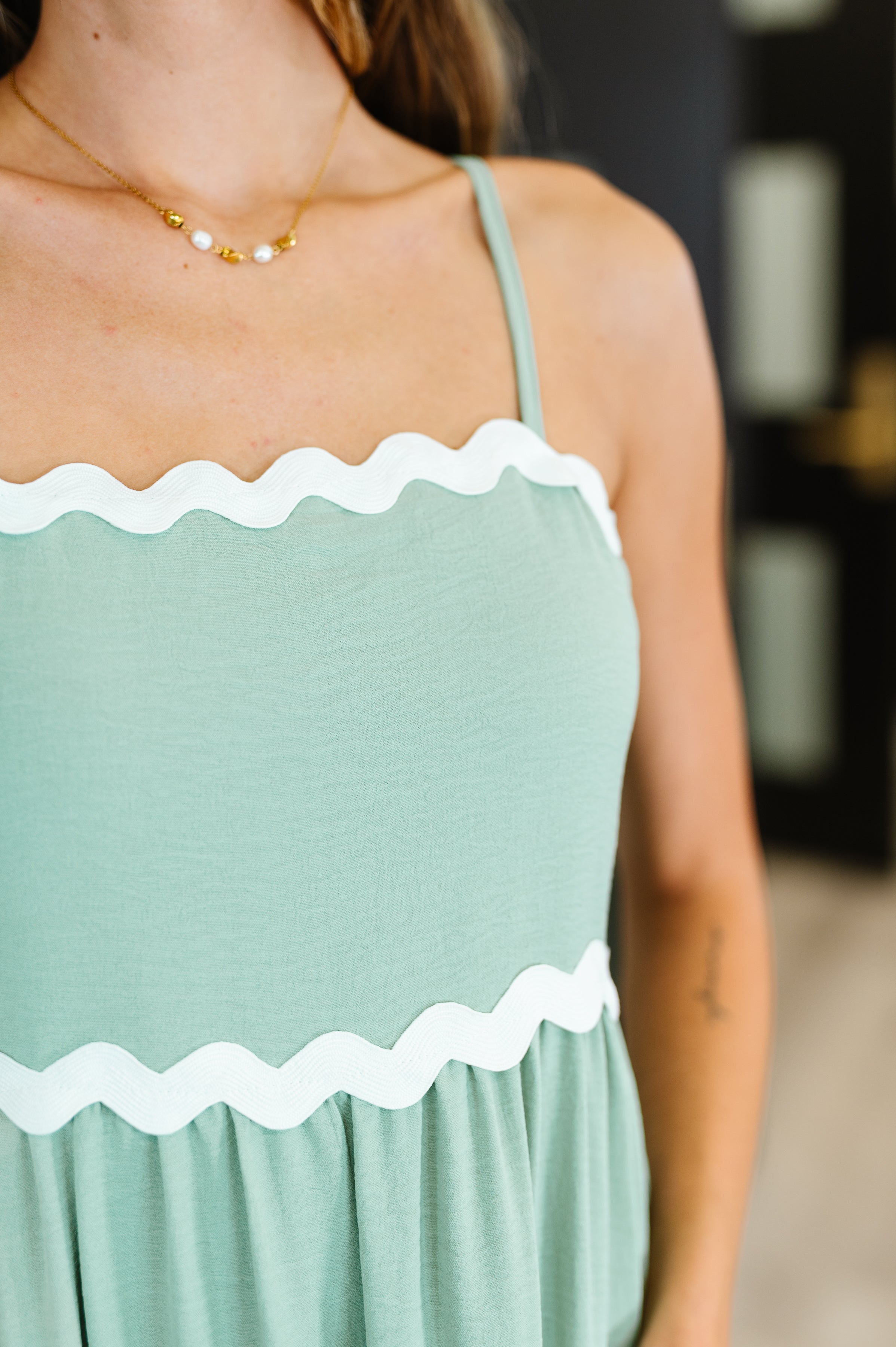 Ripple Effect Spaghetti Strap Dress in Sage - Charming Charlie