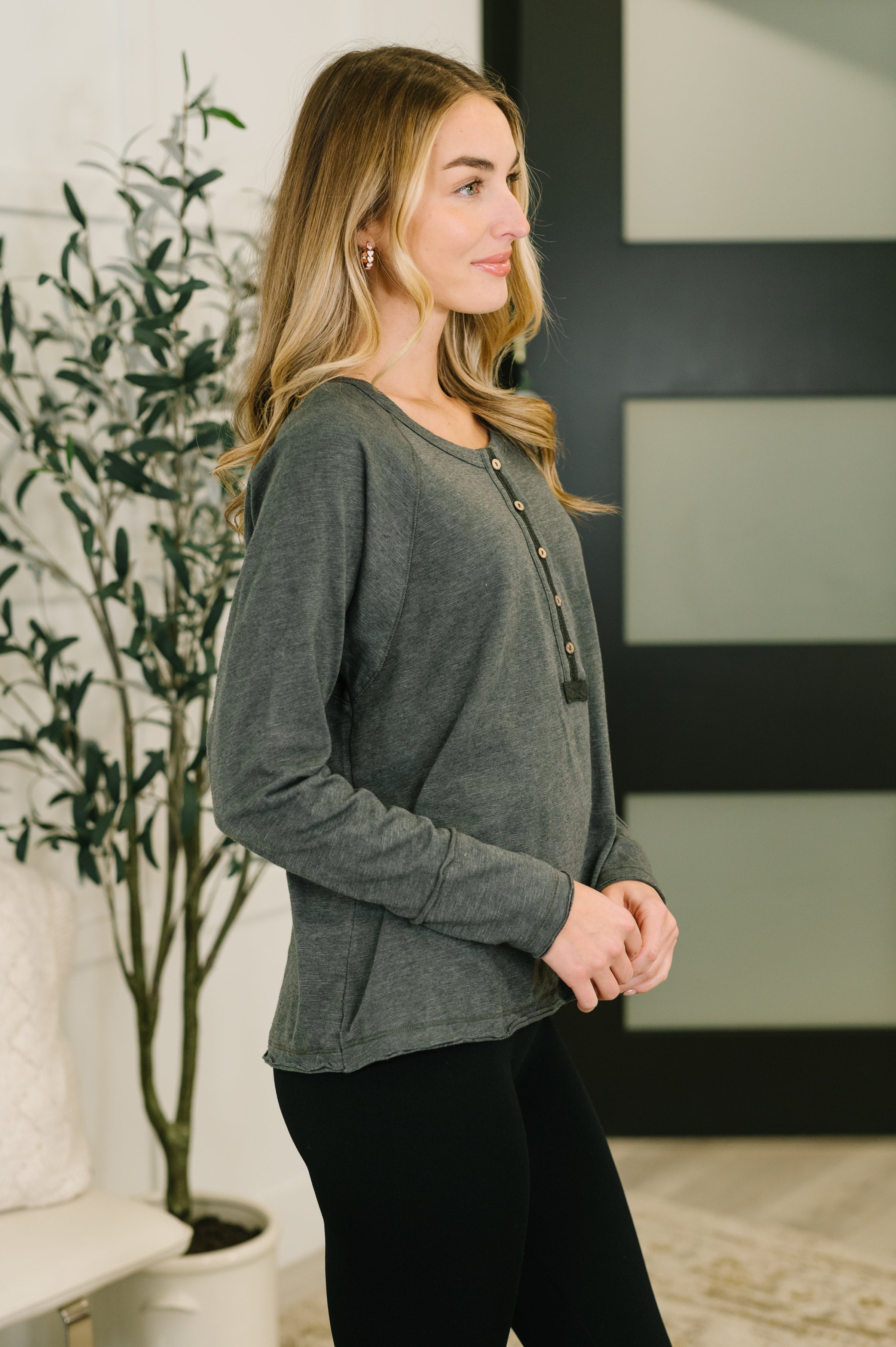 Rooftop View Raglan Sleeve Henley Top - Charming Charlie