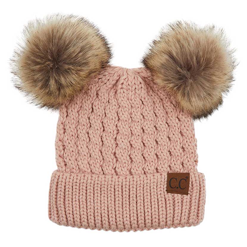 Rose C.C Double Pom Pom All Over Cable Knit Beanie Hat., Stay warm and cozy this winter. Expertly crafted from a premium cable knit fabric, this stylish beanie provides maximum insulation and breathability. Two pom poms on top add a touch of flair to your look. Perfect for chilly winter days, this is an ideal winter gift.