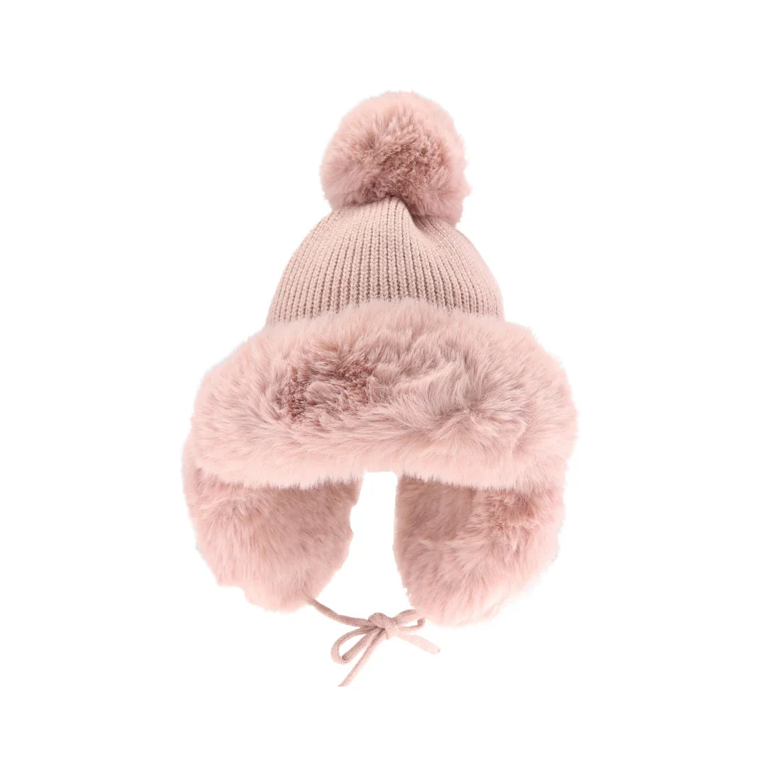 Rose C.C knitted Trapper Hat, is designed to keep your head and ears warm in cold. Crafted from thick acrylic, it features a comfortable, stretchy fit with soft fleece lining for extra warmth. An elastic drawstring ensures a secure fit and keeps the wind out. Stay warm and stylish with this fashionable trapper hat.
