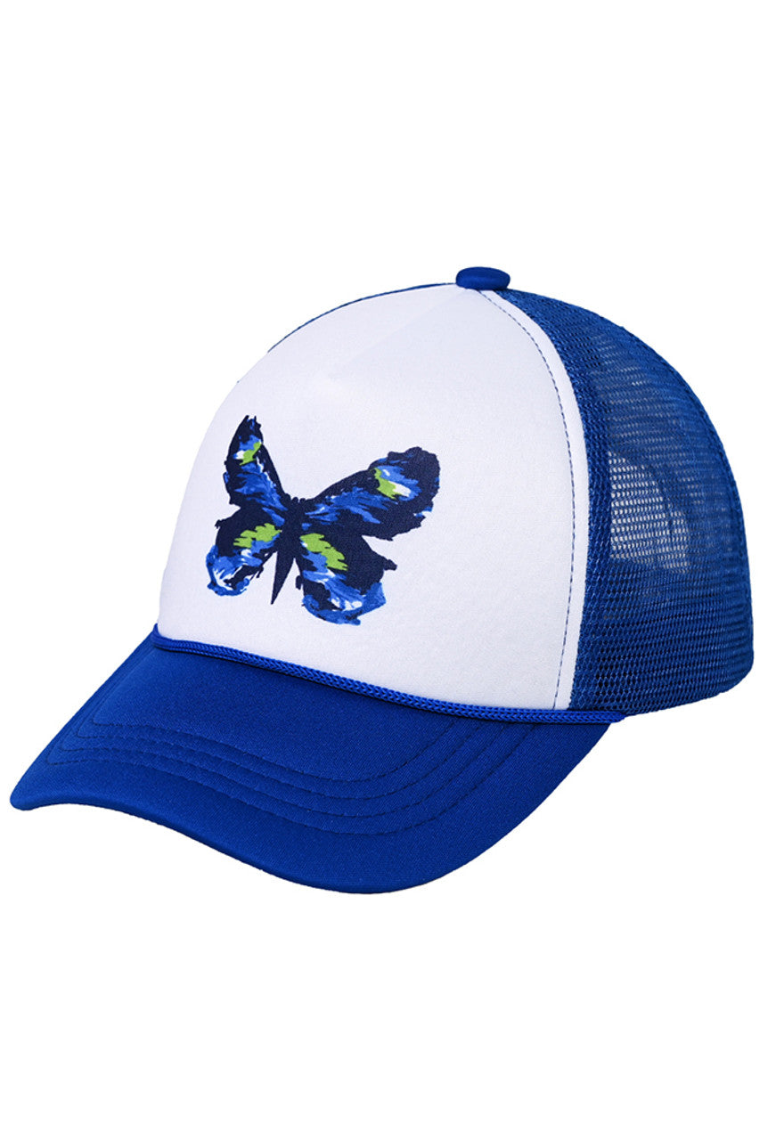 Royal This C.C Hand-Painted Abstract Butterfly Trucker Cap boasts a unique, hand-painted abstract butterfly design. Made with superior-quality materials, this cap provides both style and comfort. Don't blend in with the crowd - stand out with this eye-catching accessory.