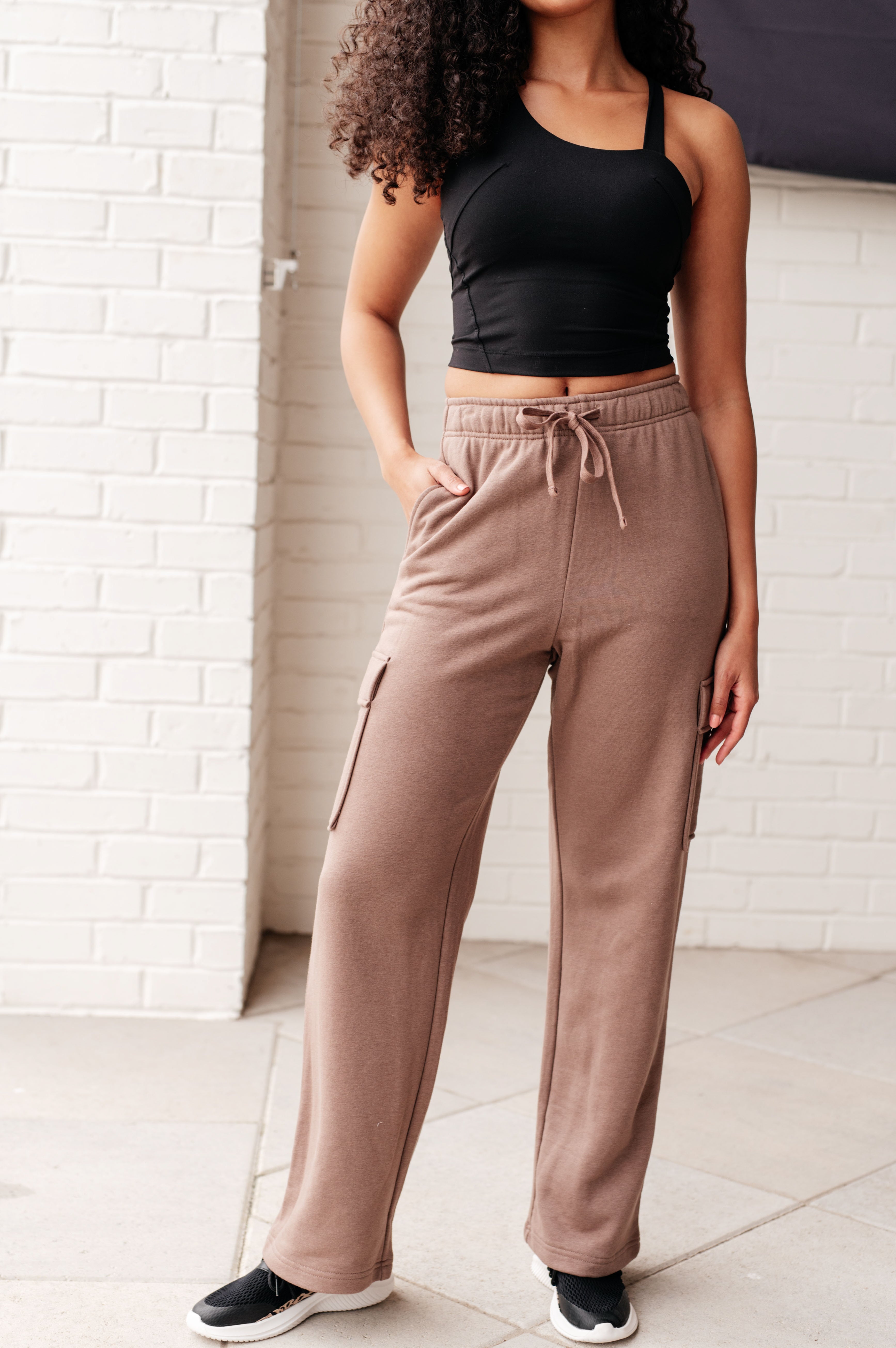 Run, Don't Walk Cargo Sweatpants in Smokey Brown - Charming Charlie