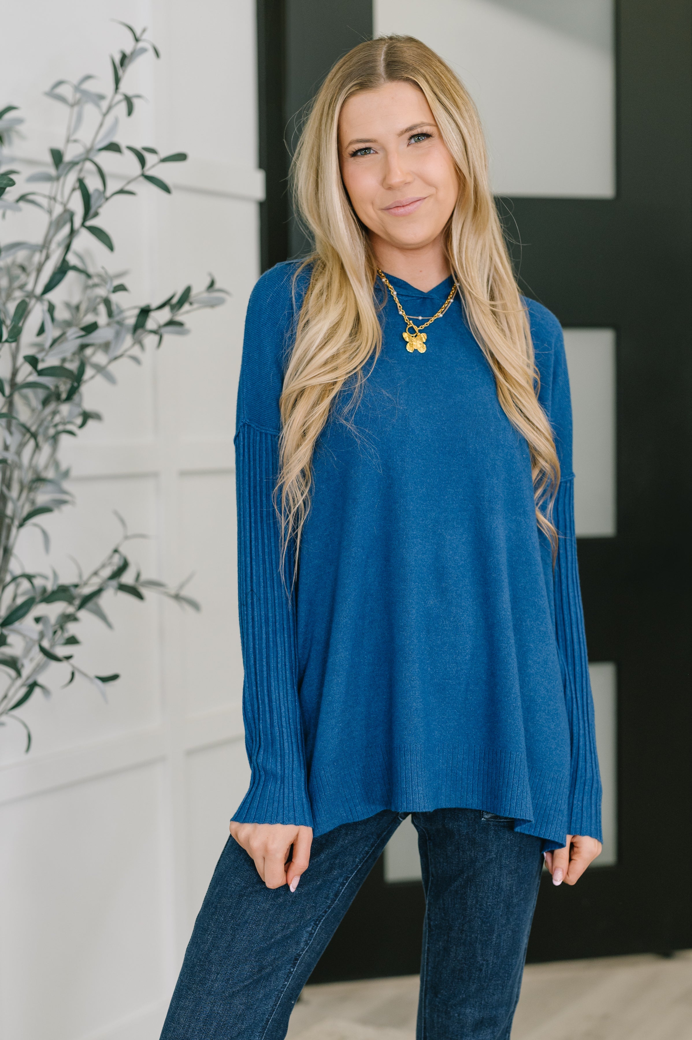 Running Late Hooded Long Sleeve in Light Navy - Charming Charlie