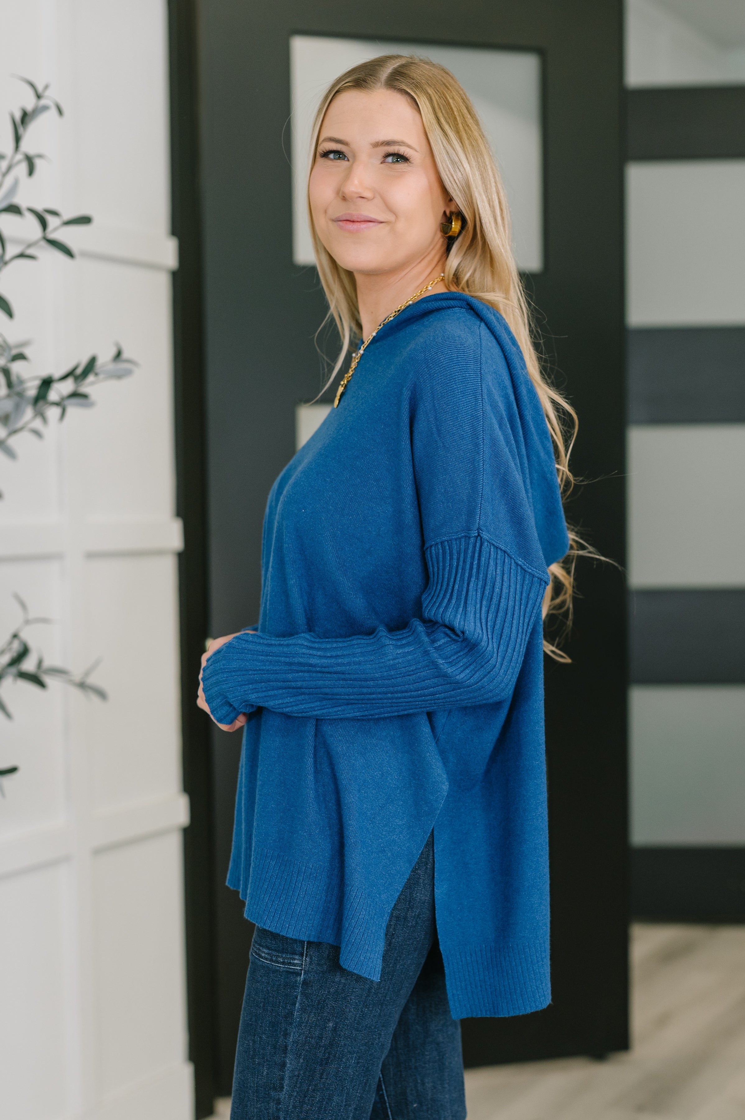 Running Late Hooded Long Sleeve in Light Navy - Charming Charlie