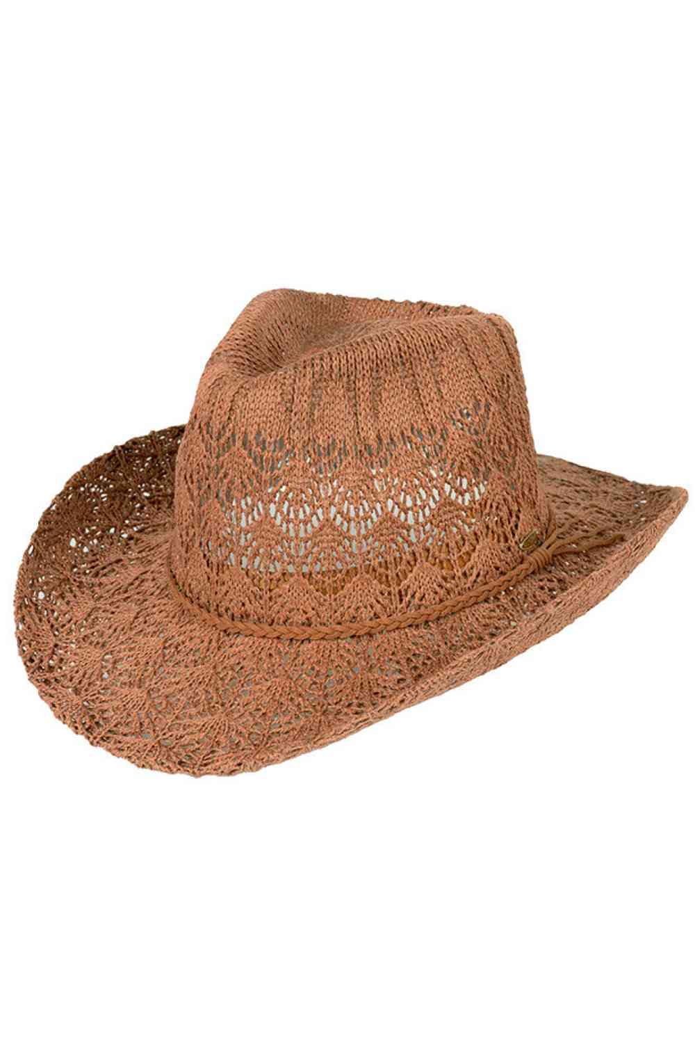 Rust C.C. Horseshoe Lace Knitting Cowboy Hat is expertly crafted with intricate lace details and a classic western design. Made with high-quality materials, it offers both style and functionality, perfect for any outdoor adventure. Keep the sun out of your eyes while adding a touch of elegance to your outfit.