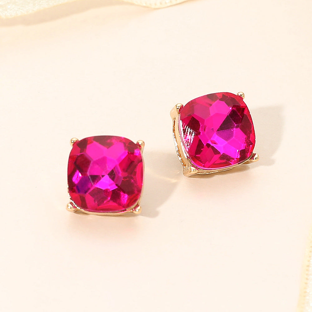 Madeline Love Fuchsia, Gold Square Cushion Stud Earrings