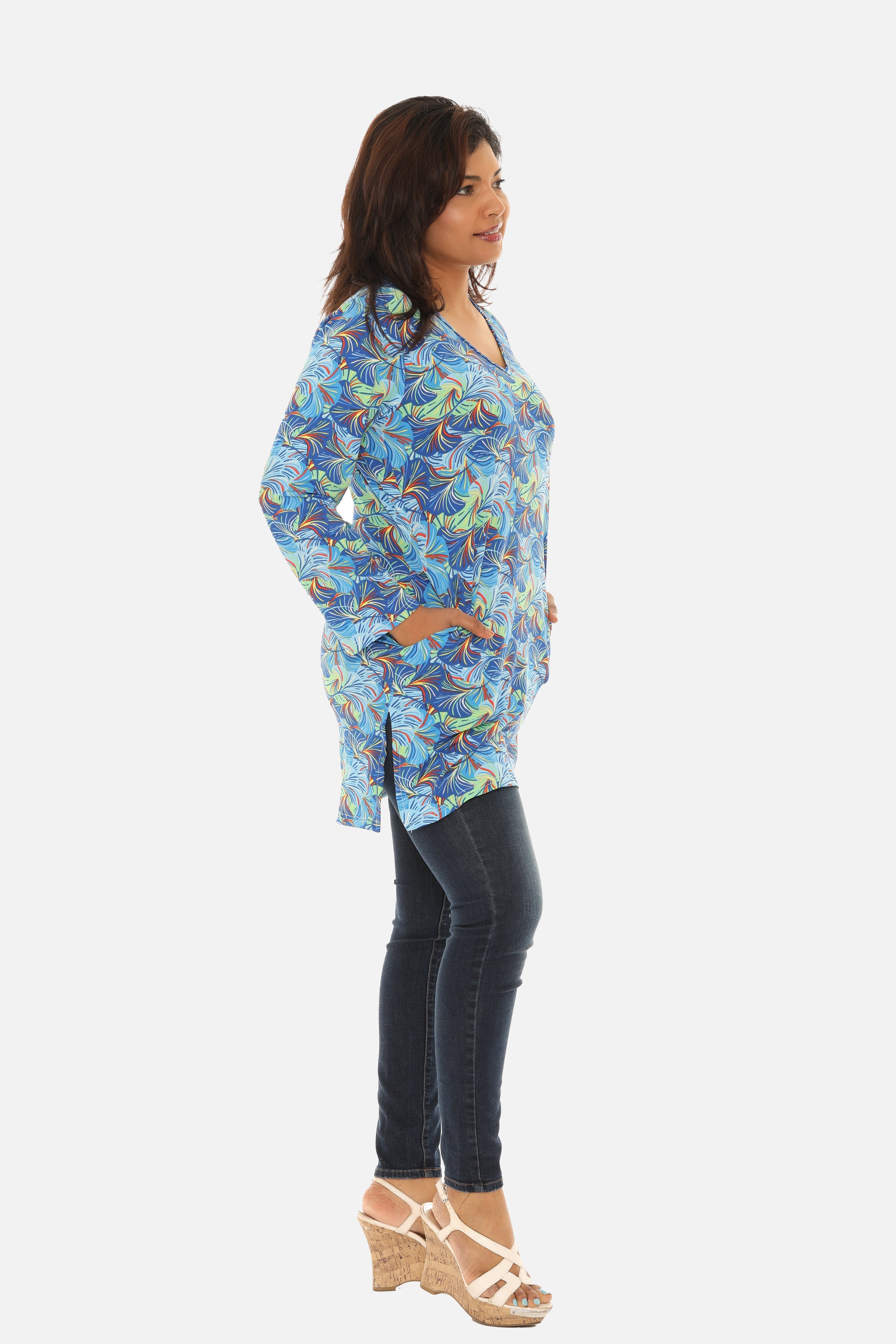 UPF 50+ Printed Women Long Tunic with Both Side Pockets - Charming Charlie
