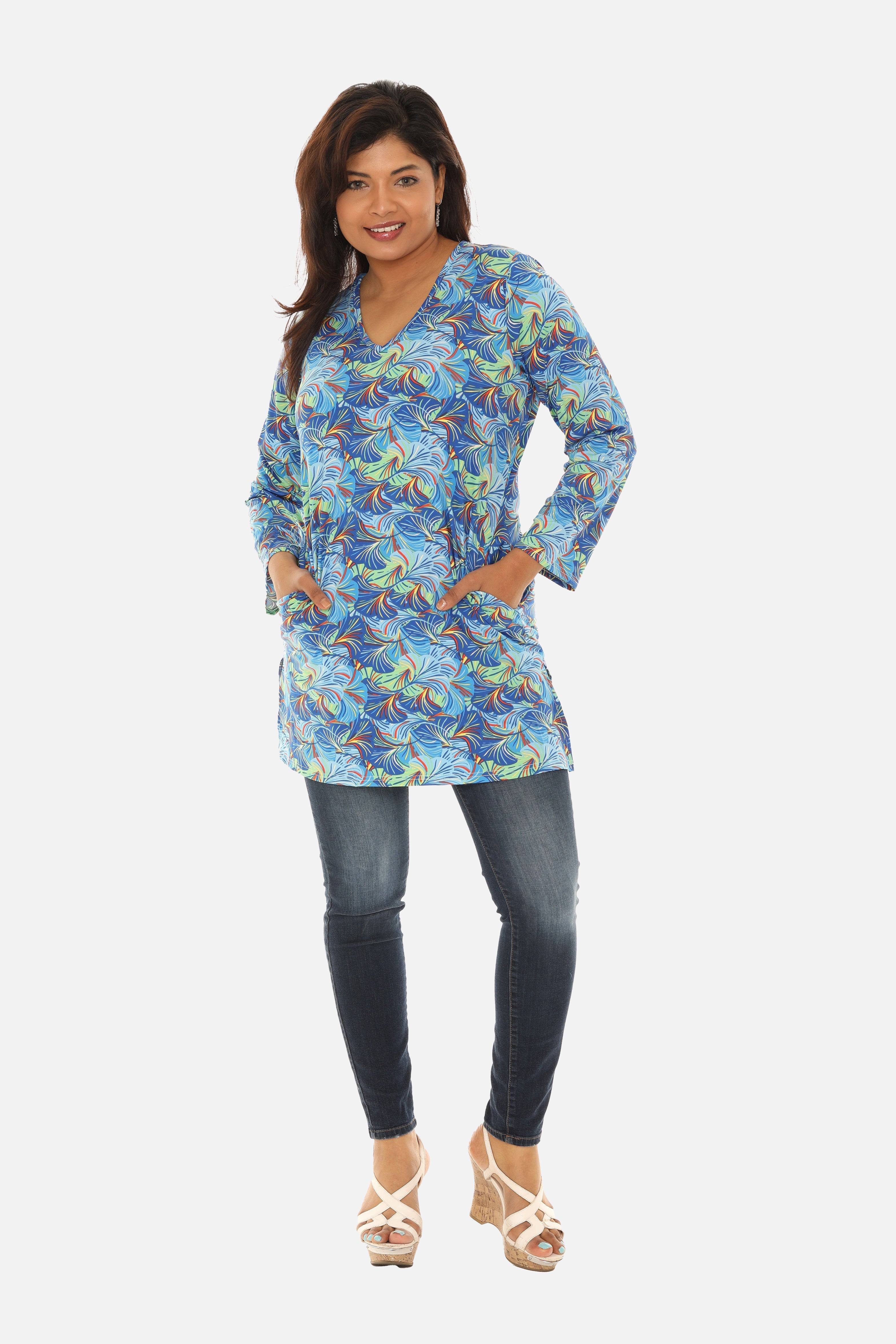 UPF 50+ Printed Women Long Tunic with Both Side Pockets - Charming Charlie