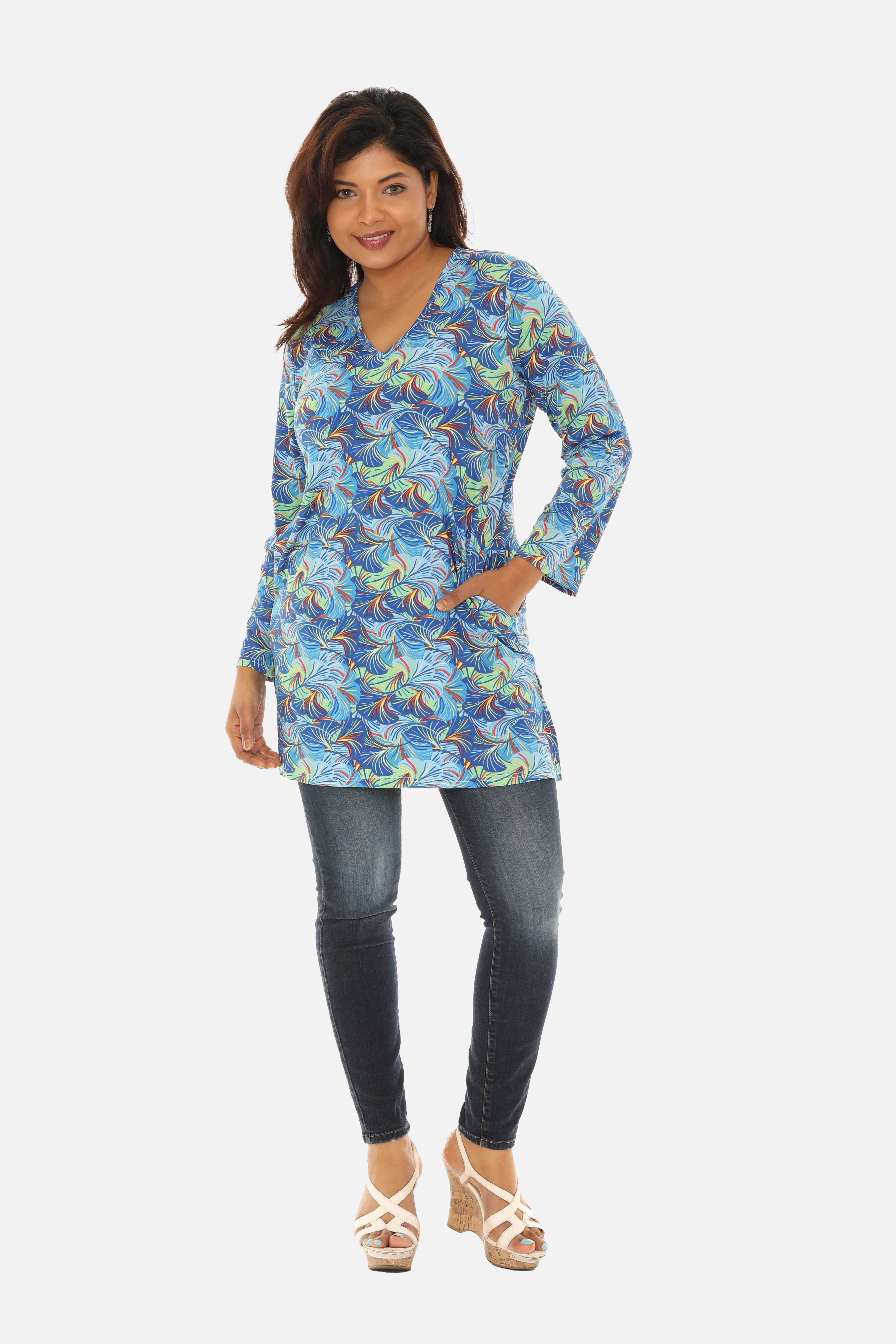 UPF 50+ Printed Women Long Tunic with Both Side Pockets - Charming Charlie